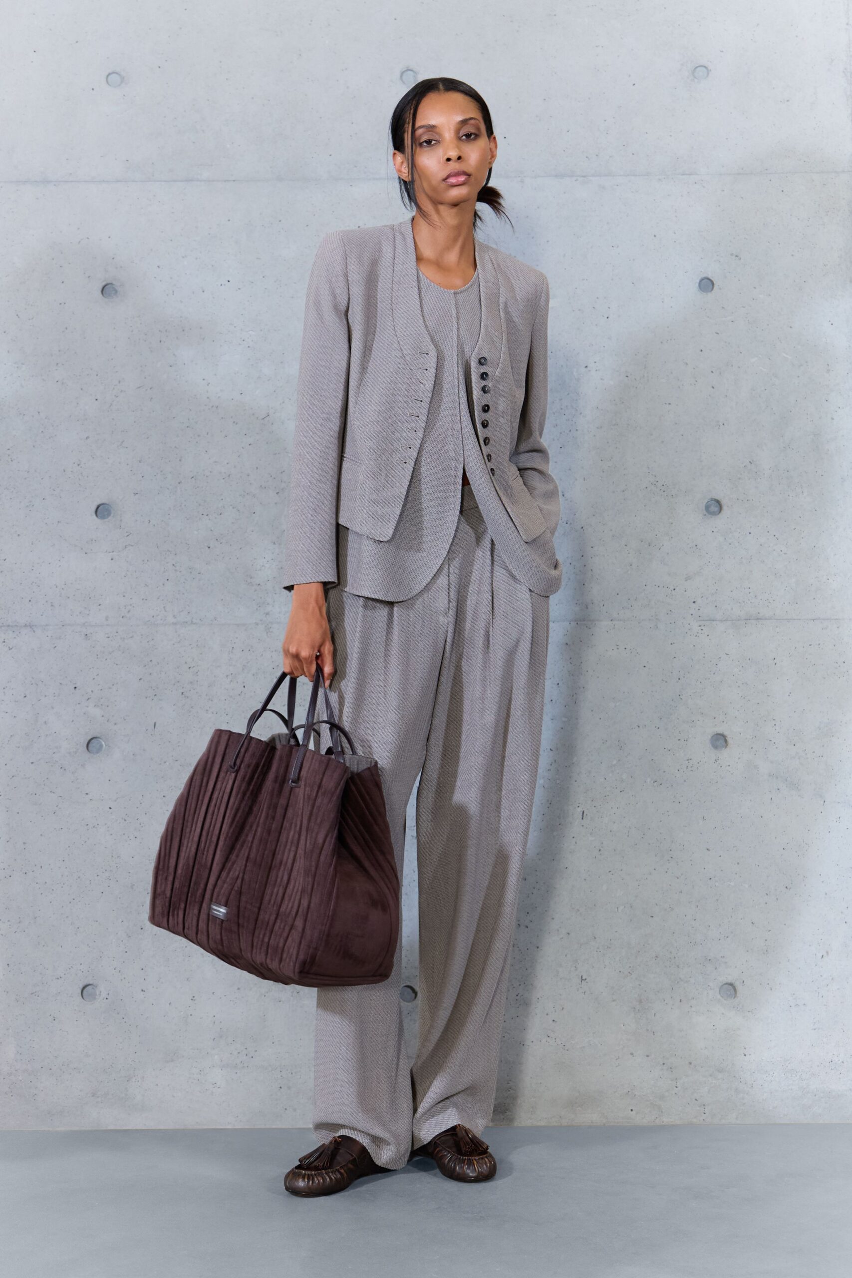 collarless beige tailored blazer