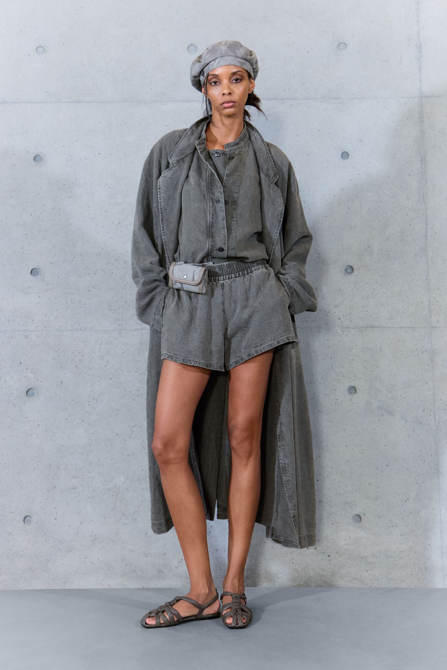 oversized gray denim duster coat
