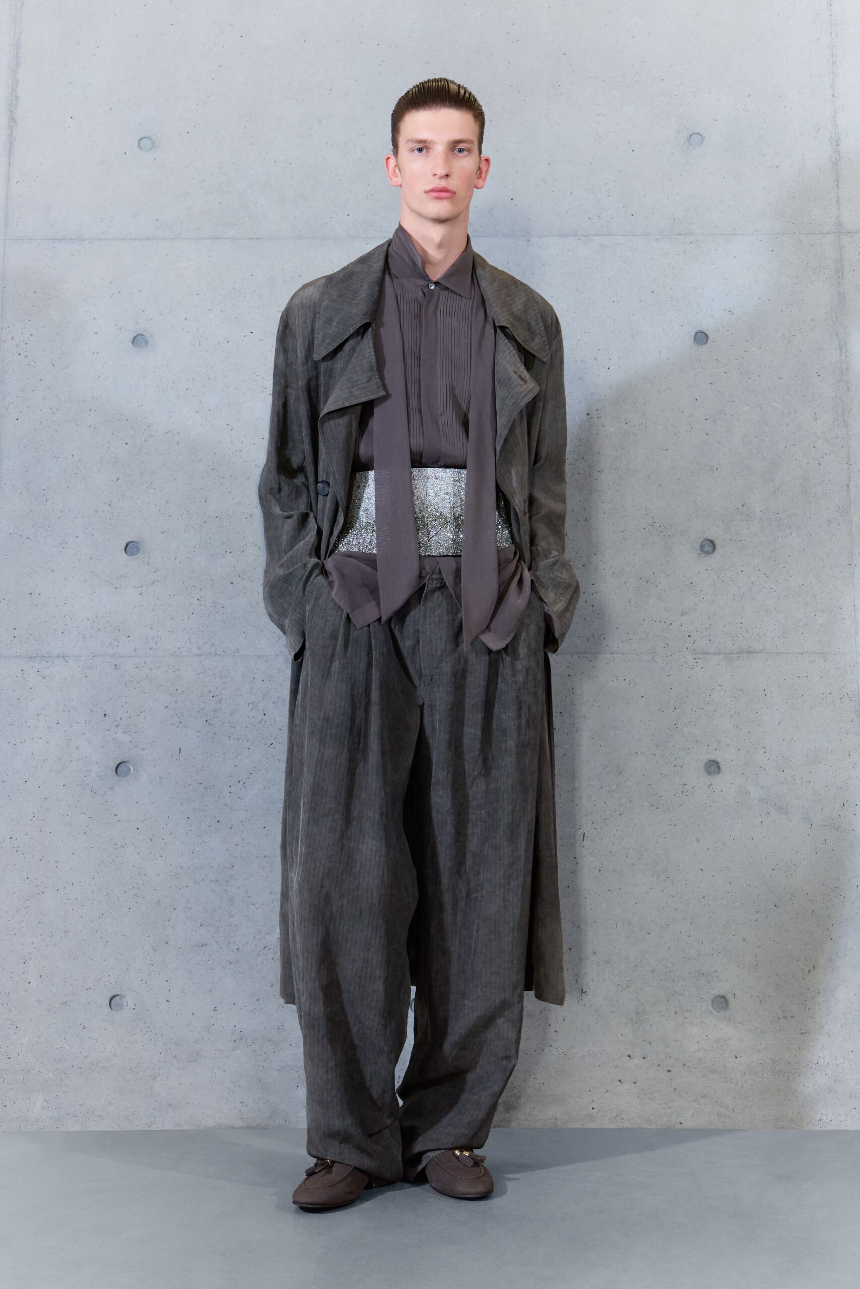 gray draped trench coat