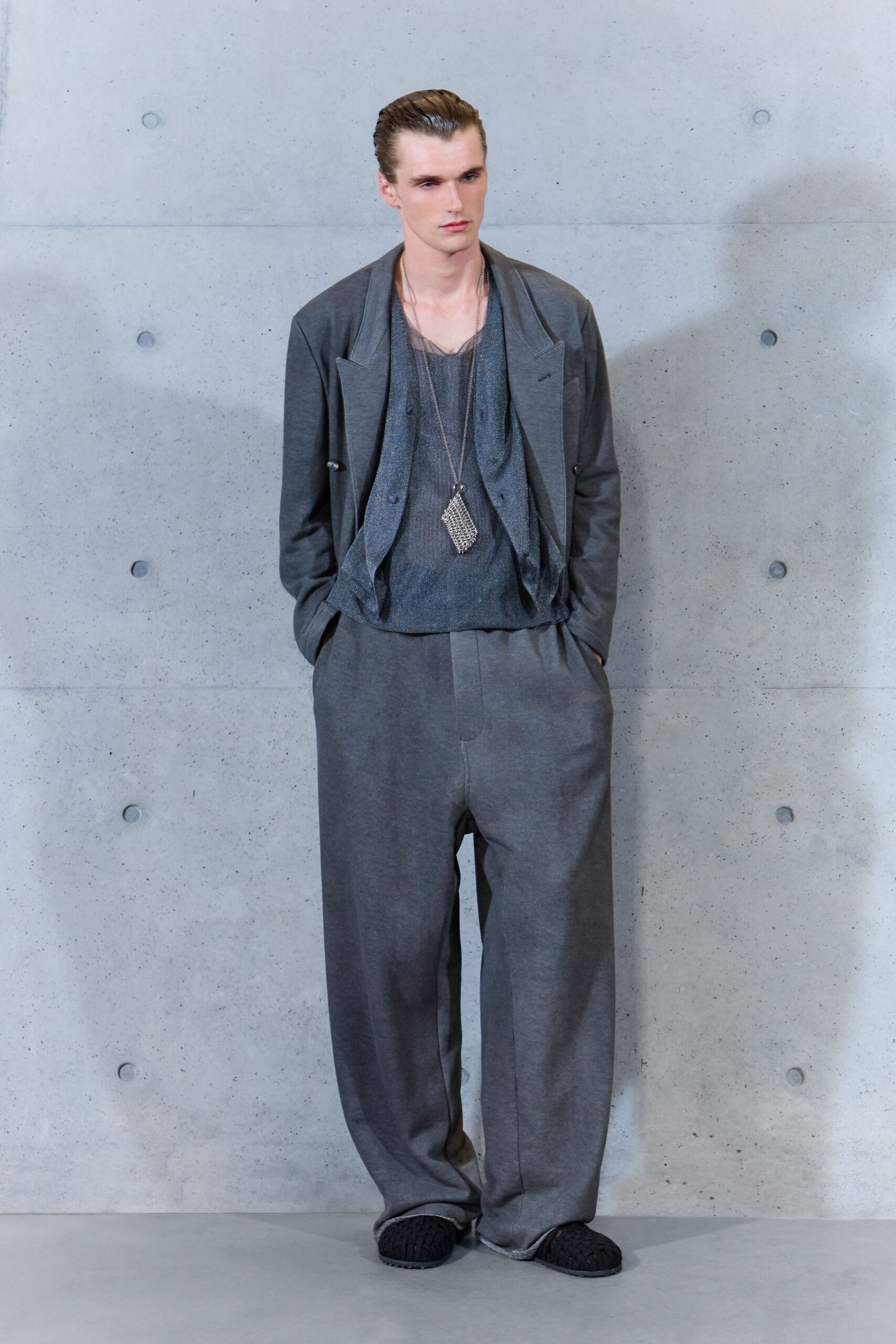 draped gray open-front jacket