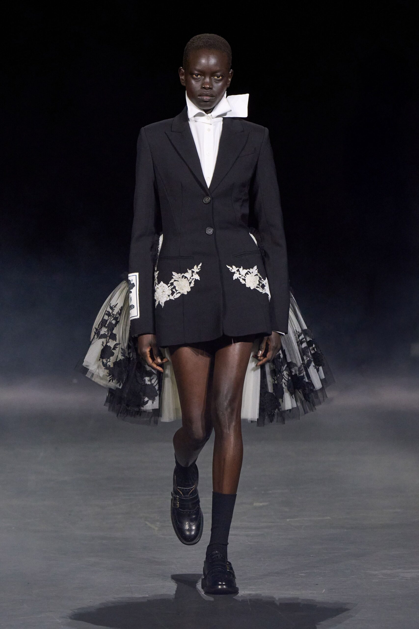 embroidered blazer dress with tulle overskirt