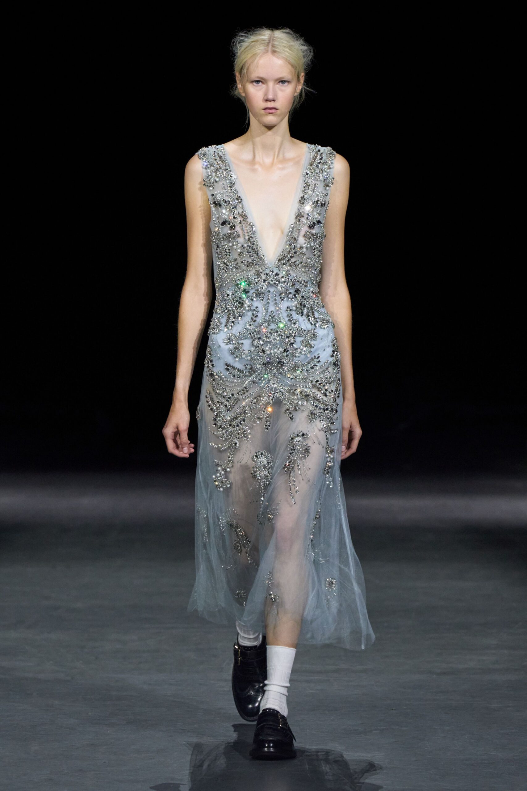 beaded plunging tulle evening gown