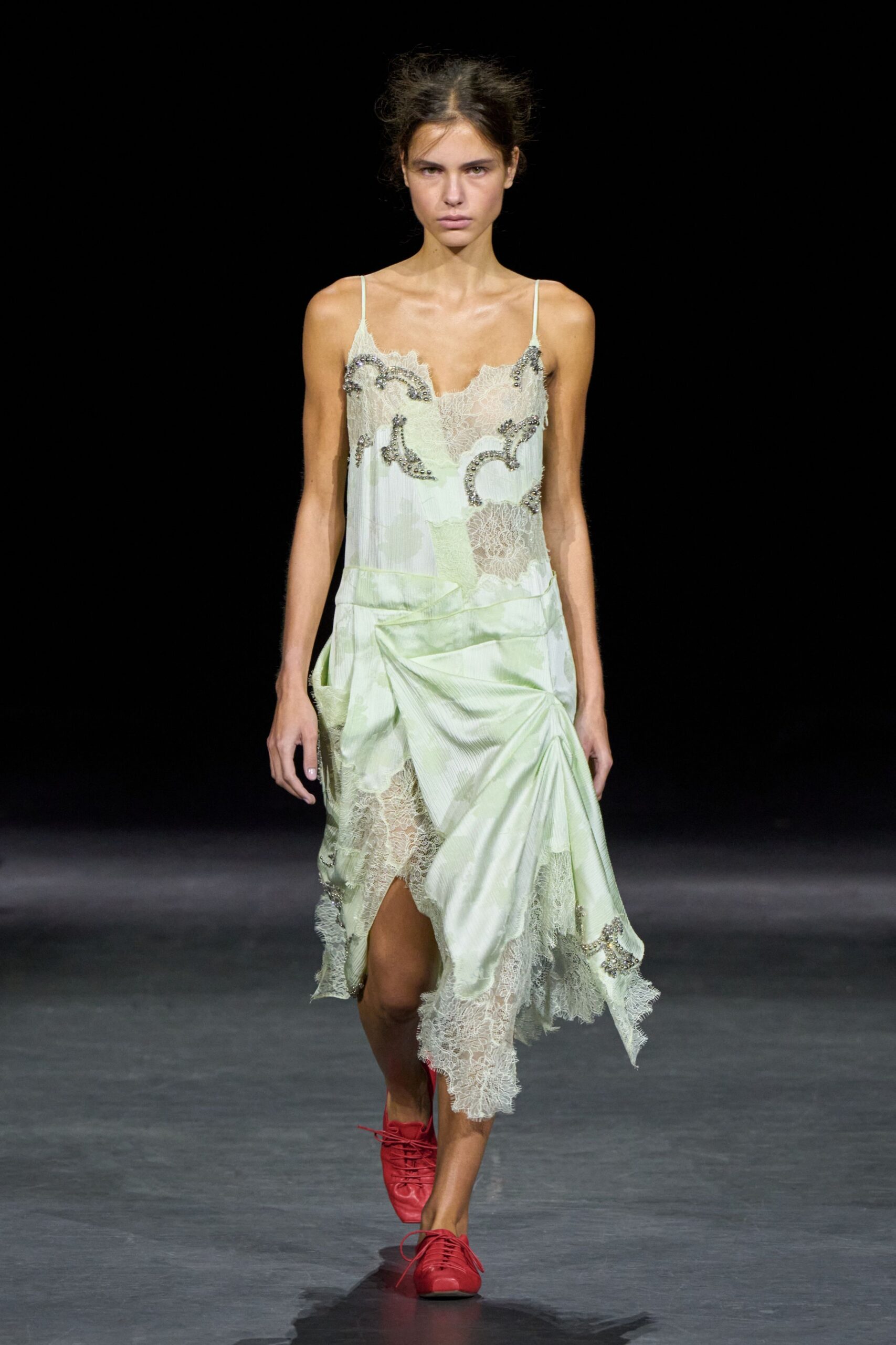 green lace spaghetti-strap scoop-neck draped beaded midi-dress