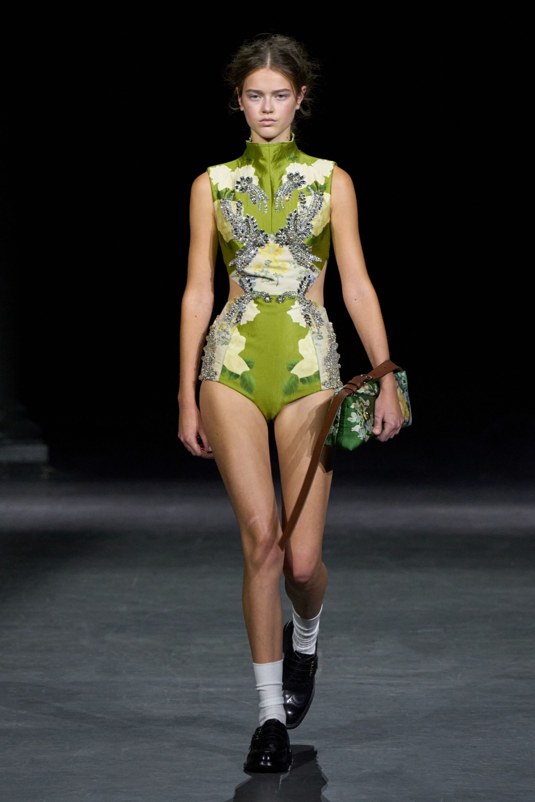 green sequin sleeveless high-neck fitted floral embellished bodysuit