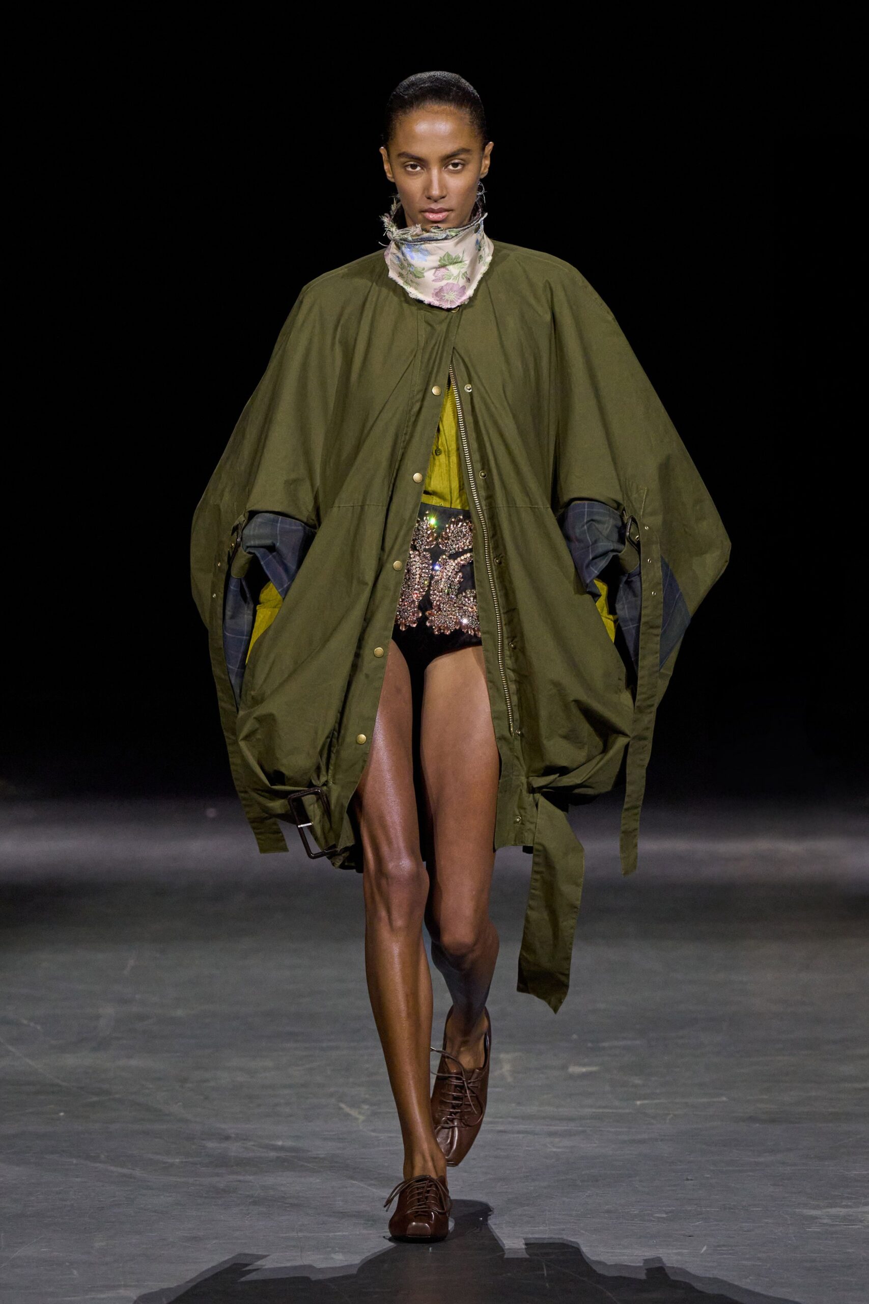 green cotton open-front oversized layered zippered coat