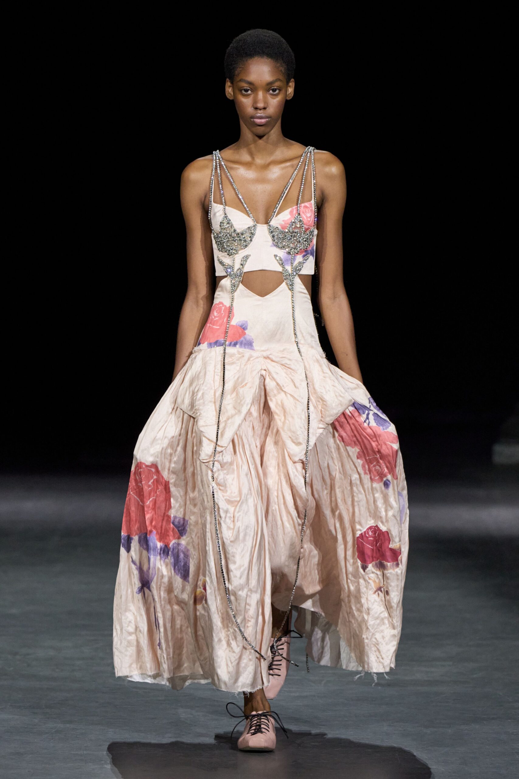 floral cutout satin evening gown