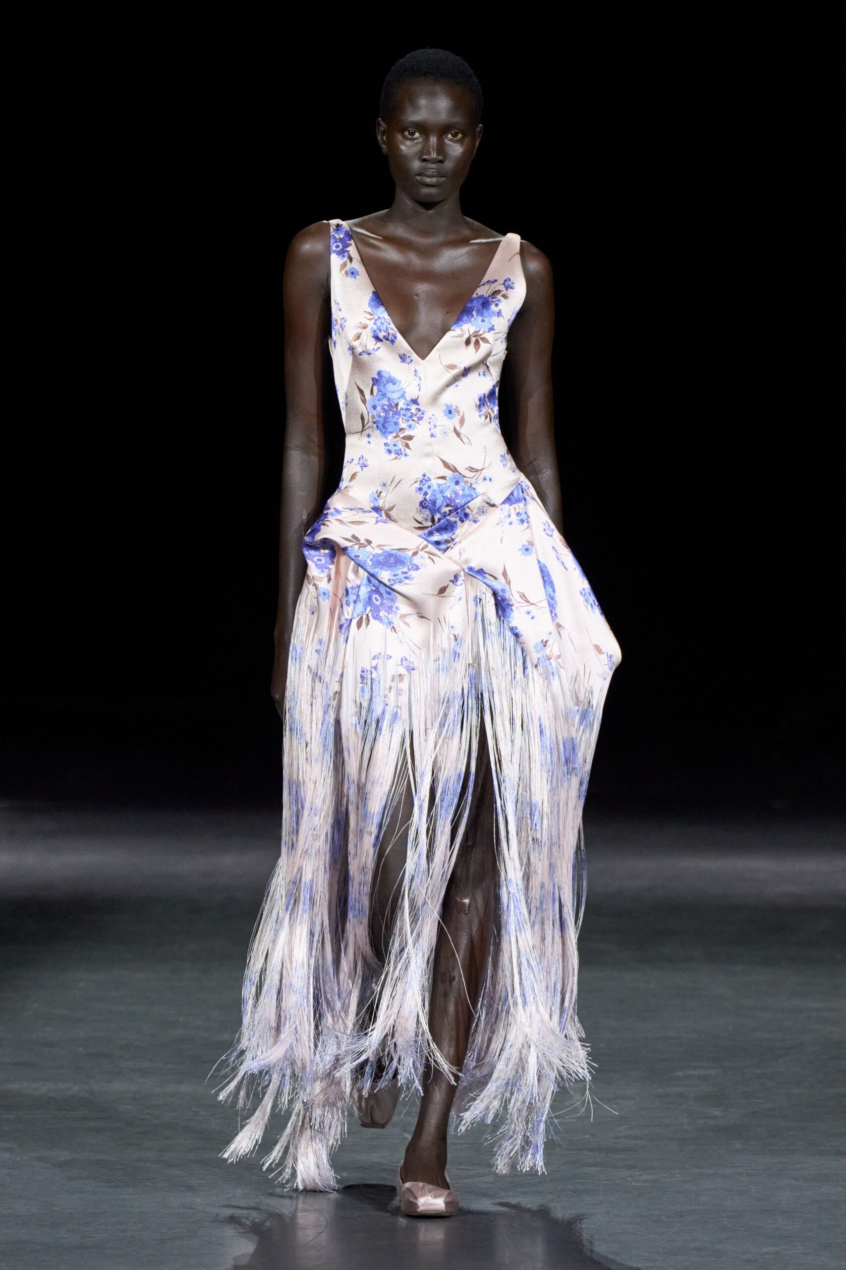 blue floral fringed evening gown