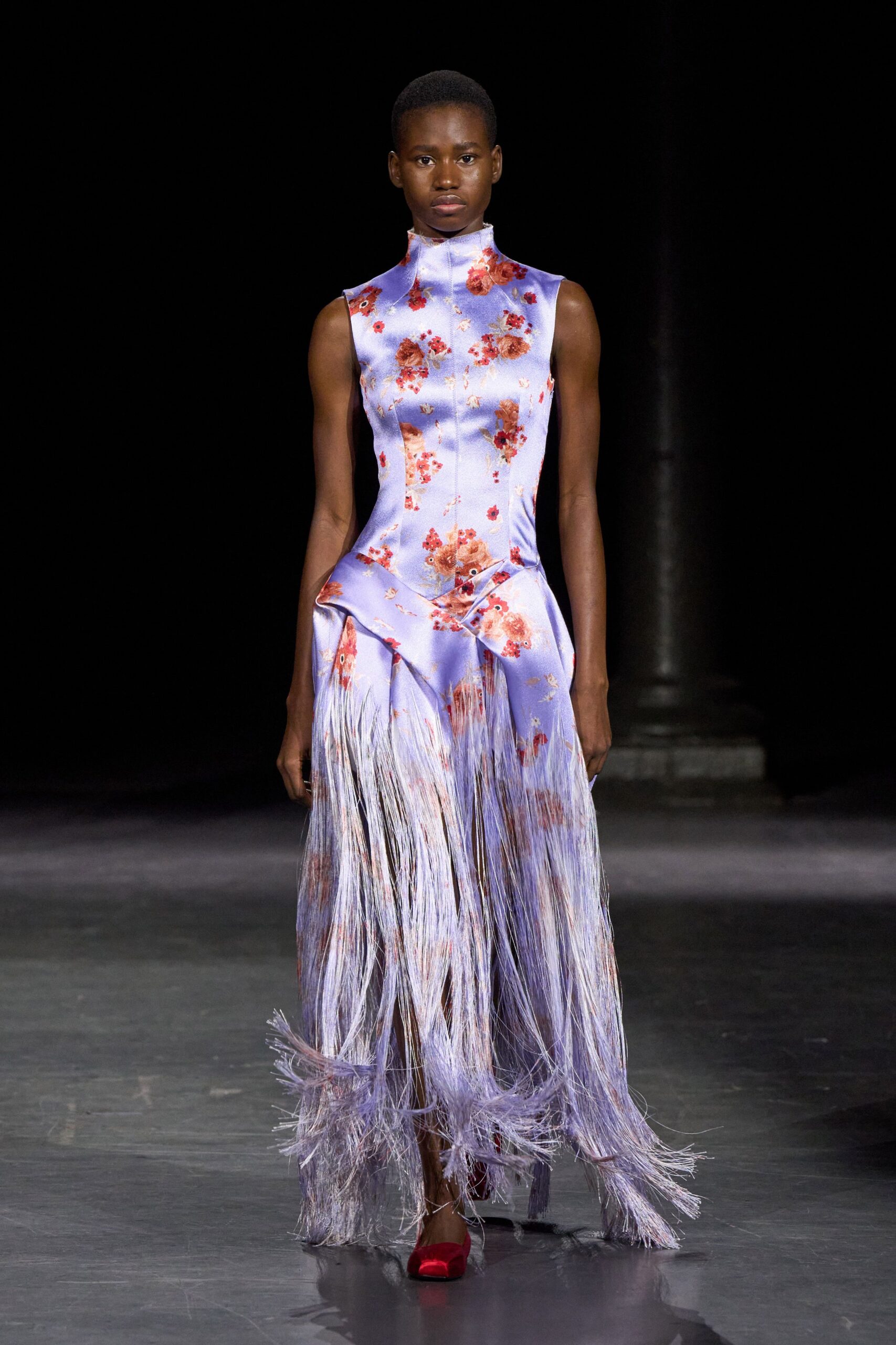floral fringe drop-waist evening gown
