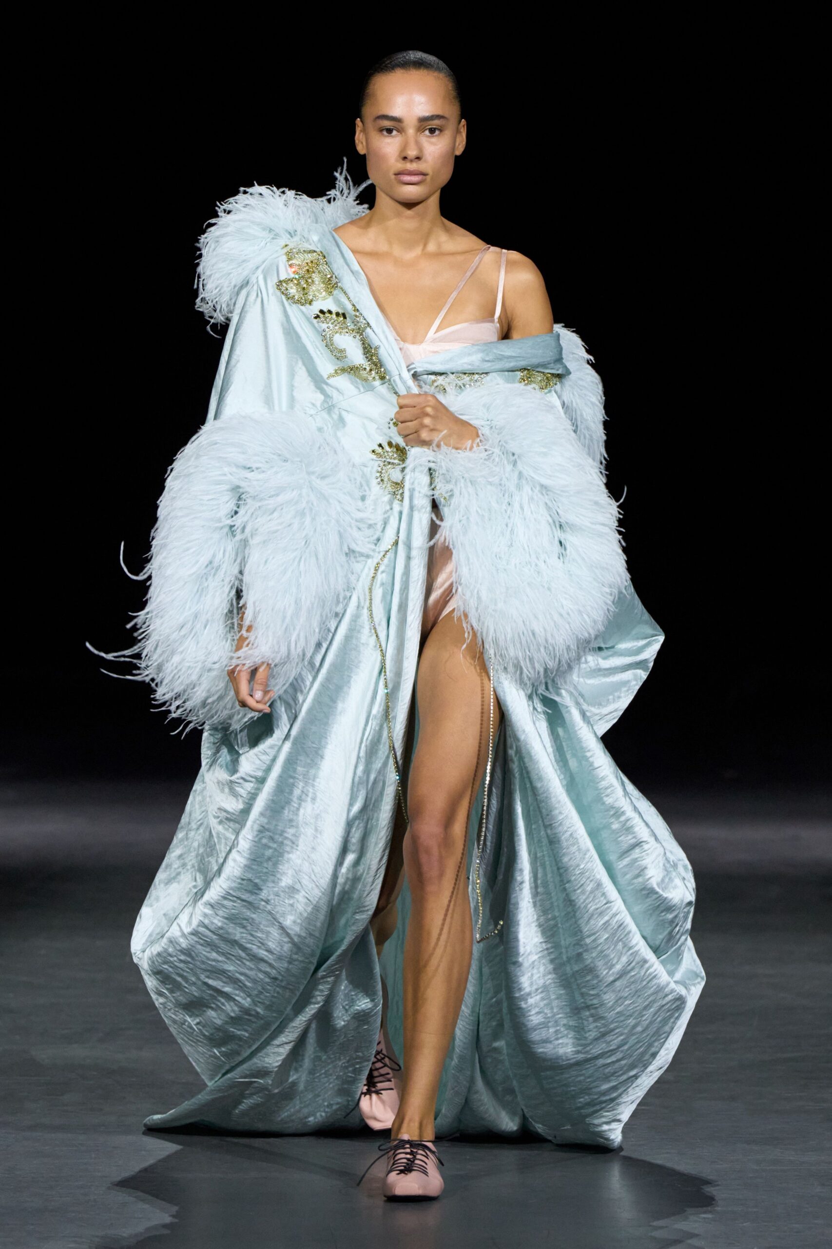 feather-trim satin robe gown