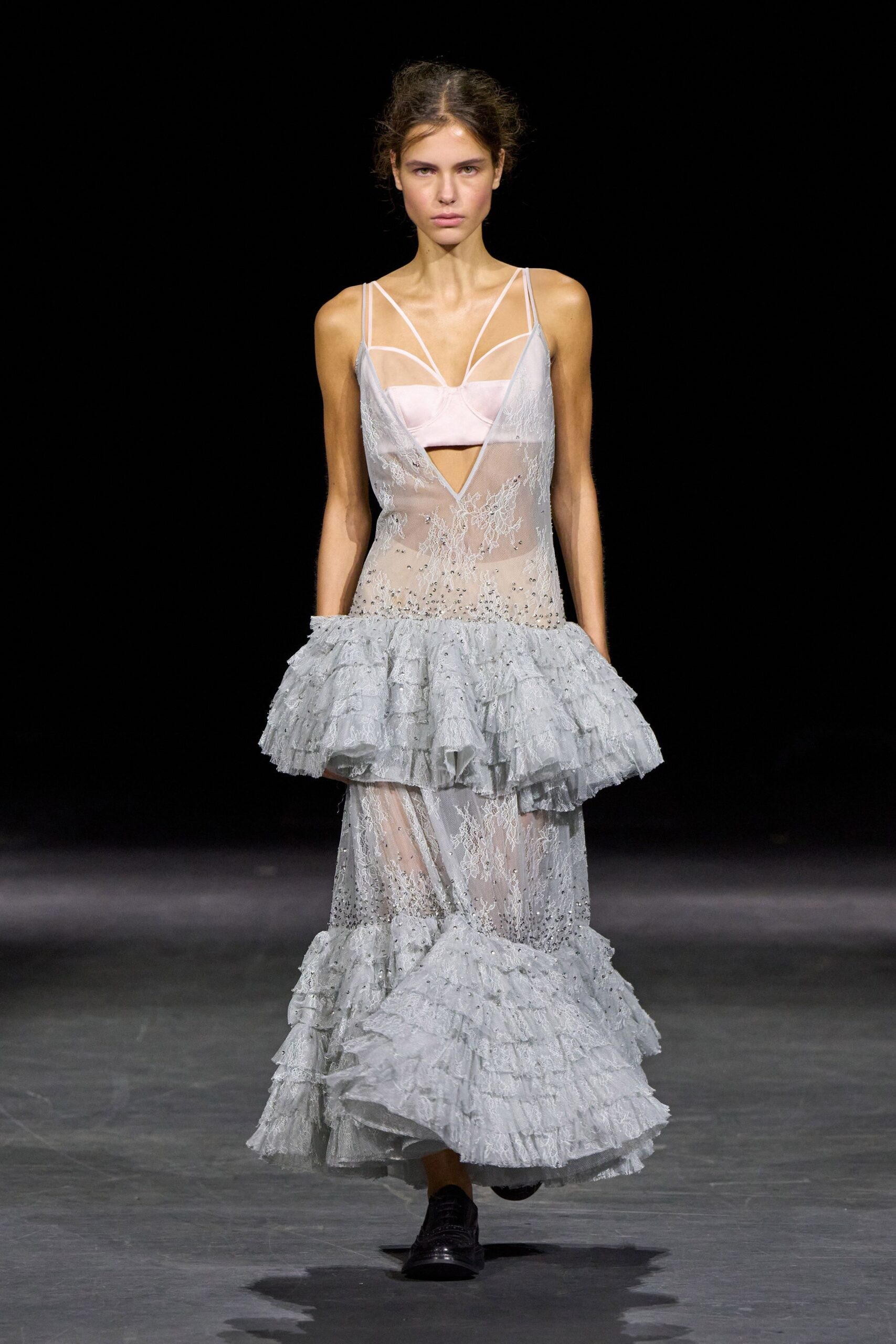 sheer tiered lace evening gown