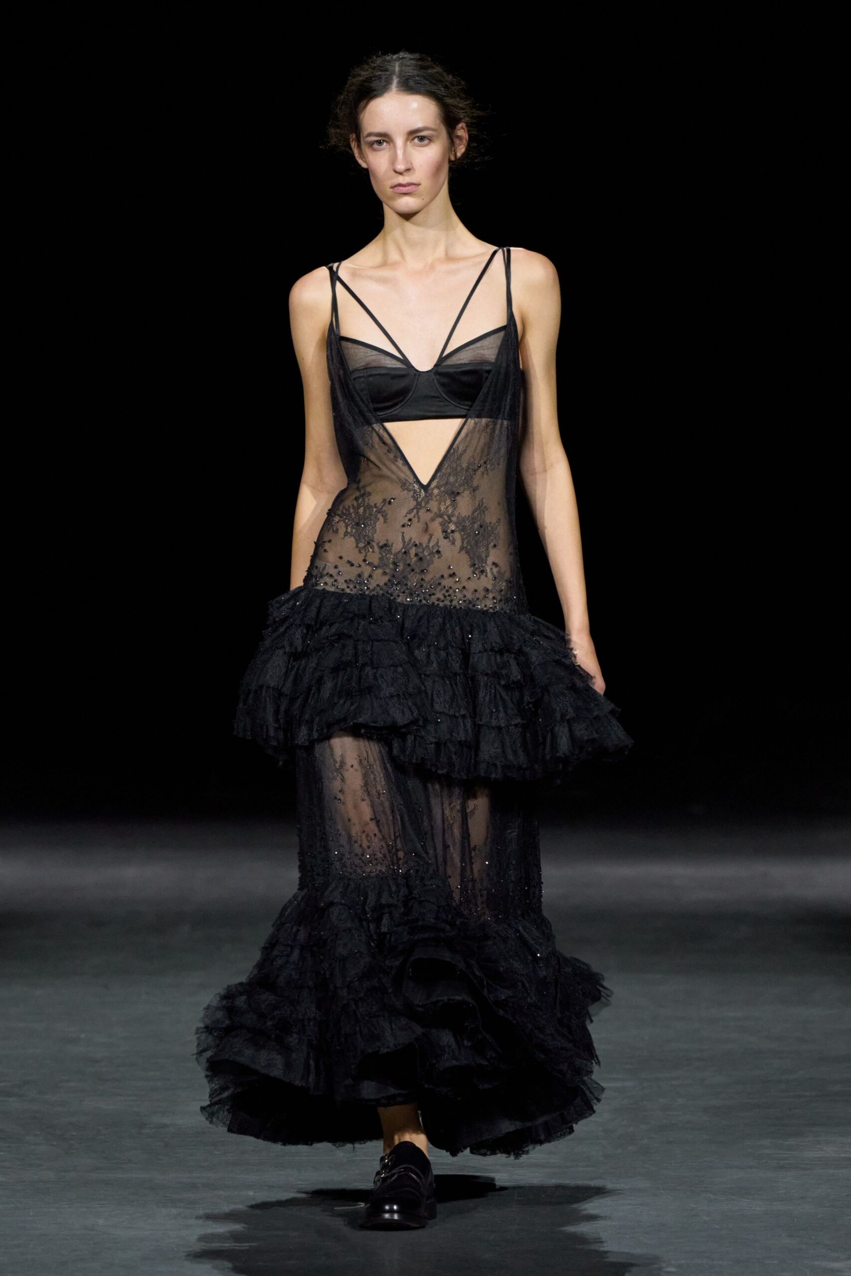 sheer ruffled black evening gown