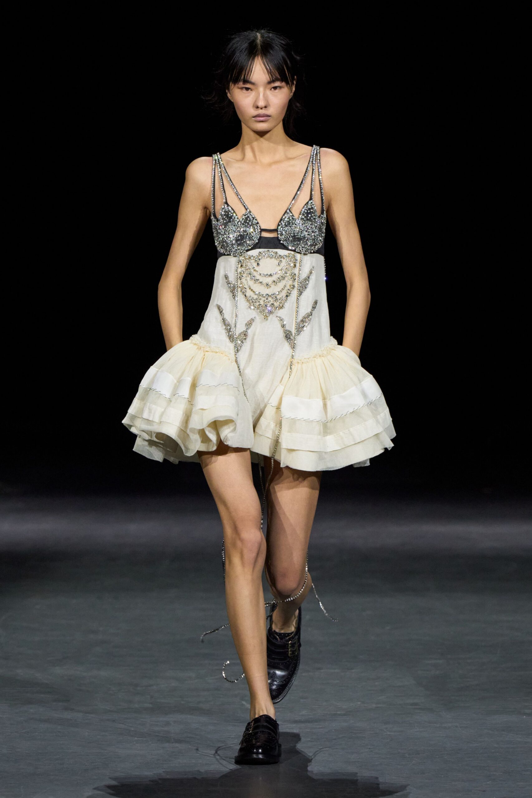 beaded lingerie-inspired ruffle mini dress