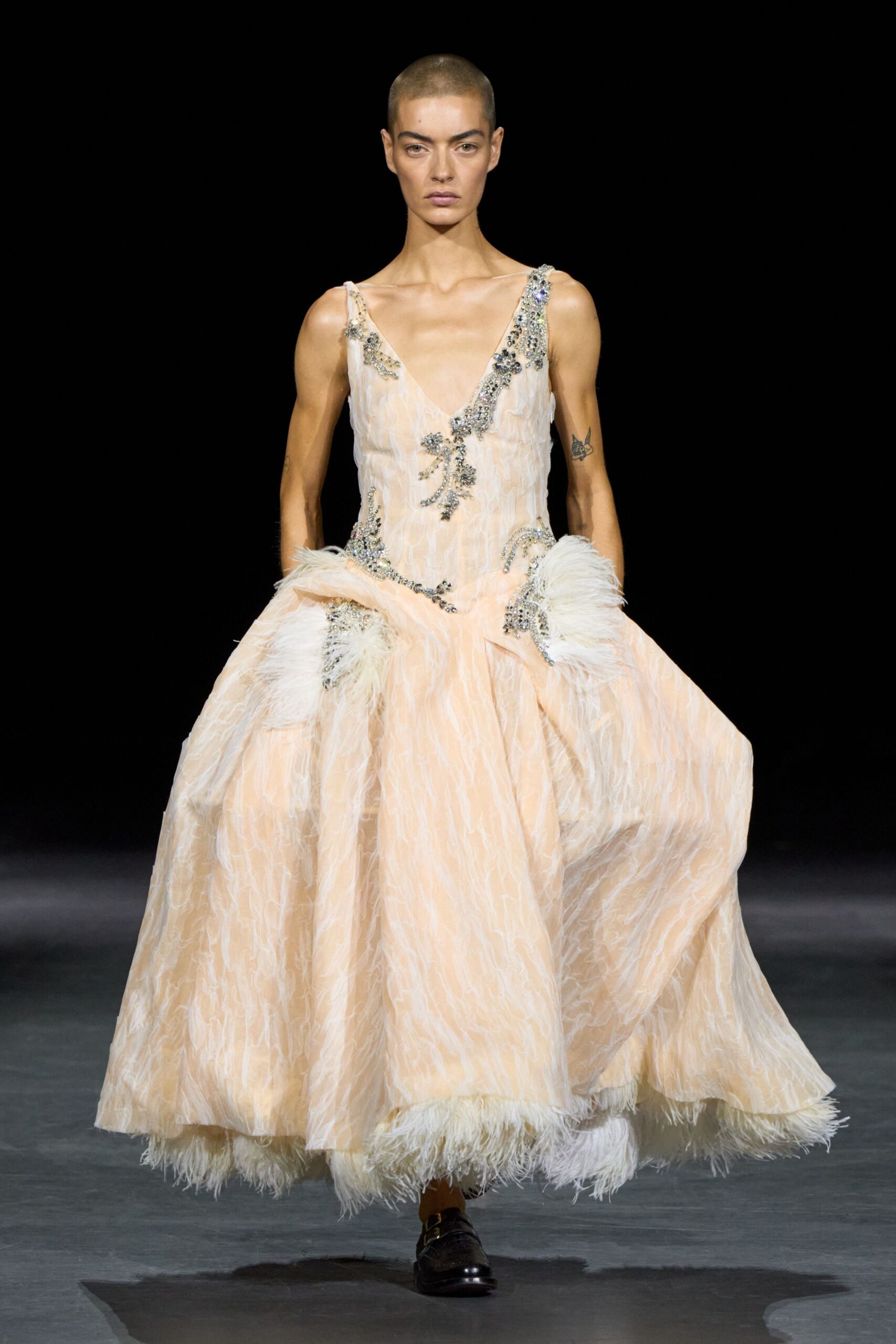 beaded feather-trim evening gown