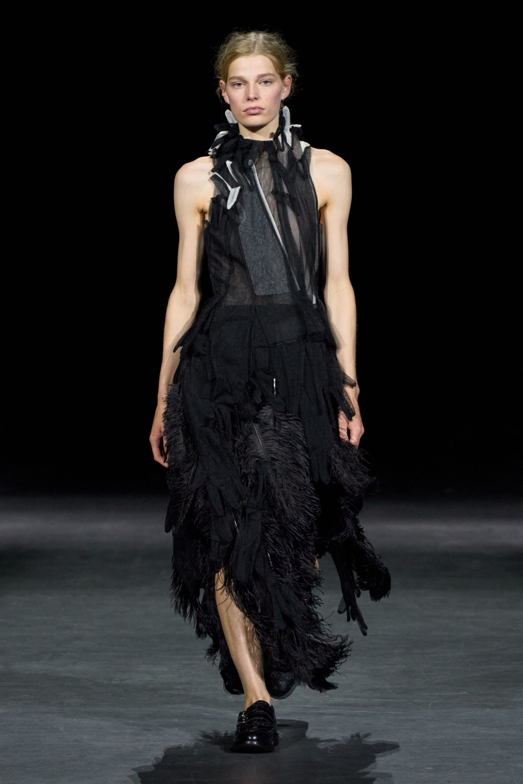 sheer feather-trim black evening dress