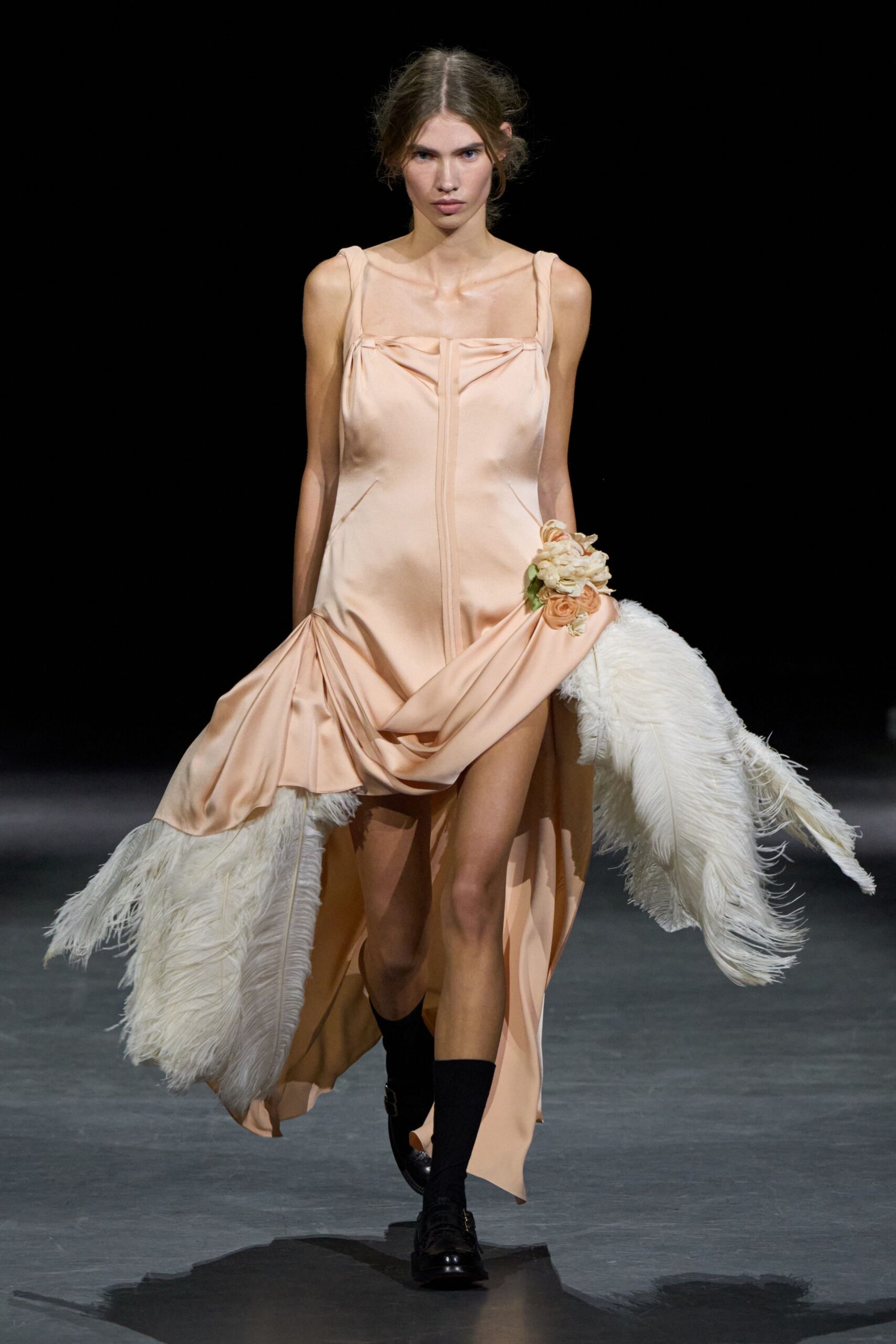 feather-trim satin asymmetric dress