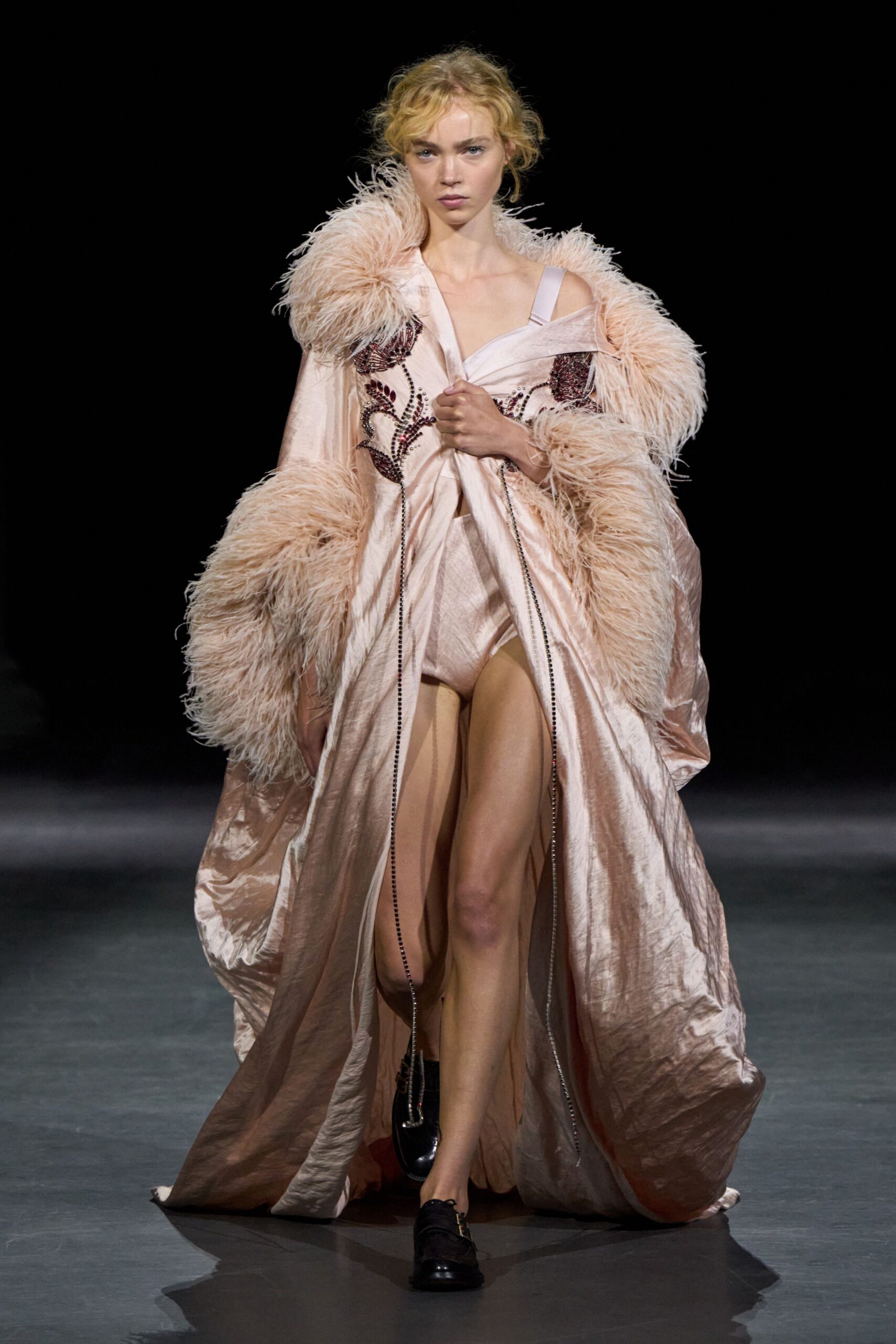 feather-trim satin evening gown