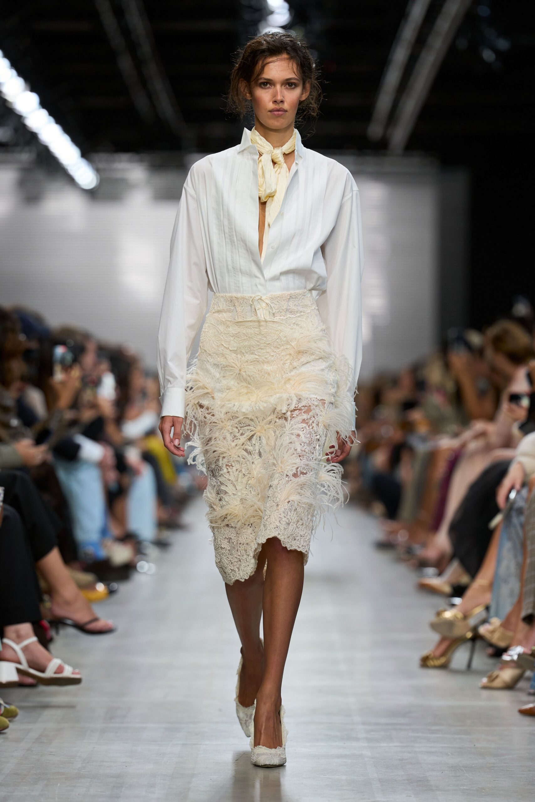 feathered lace pencil skirt