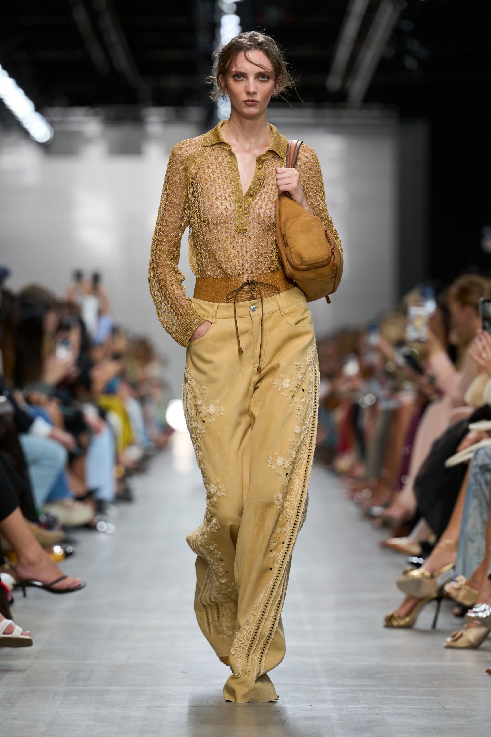 gold crochet polo shirt