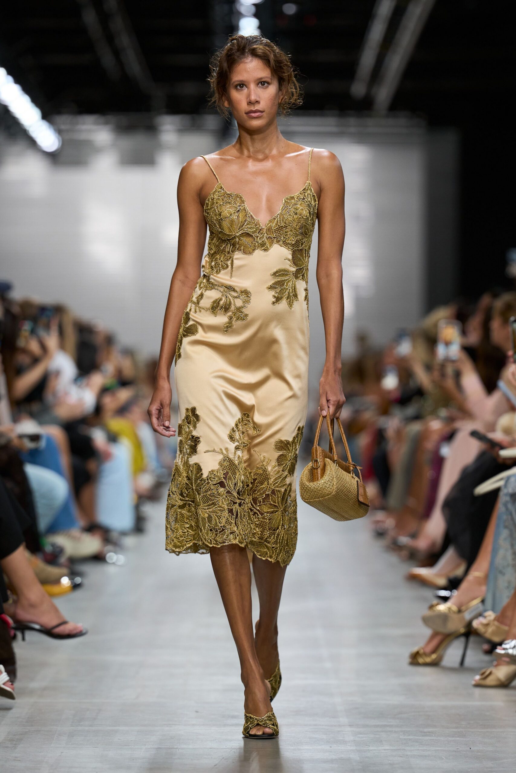 gold floral lace slip dress