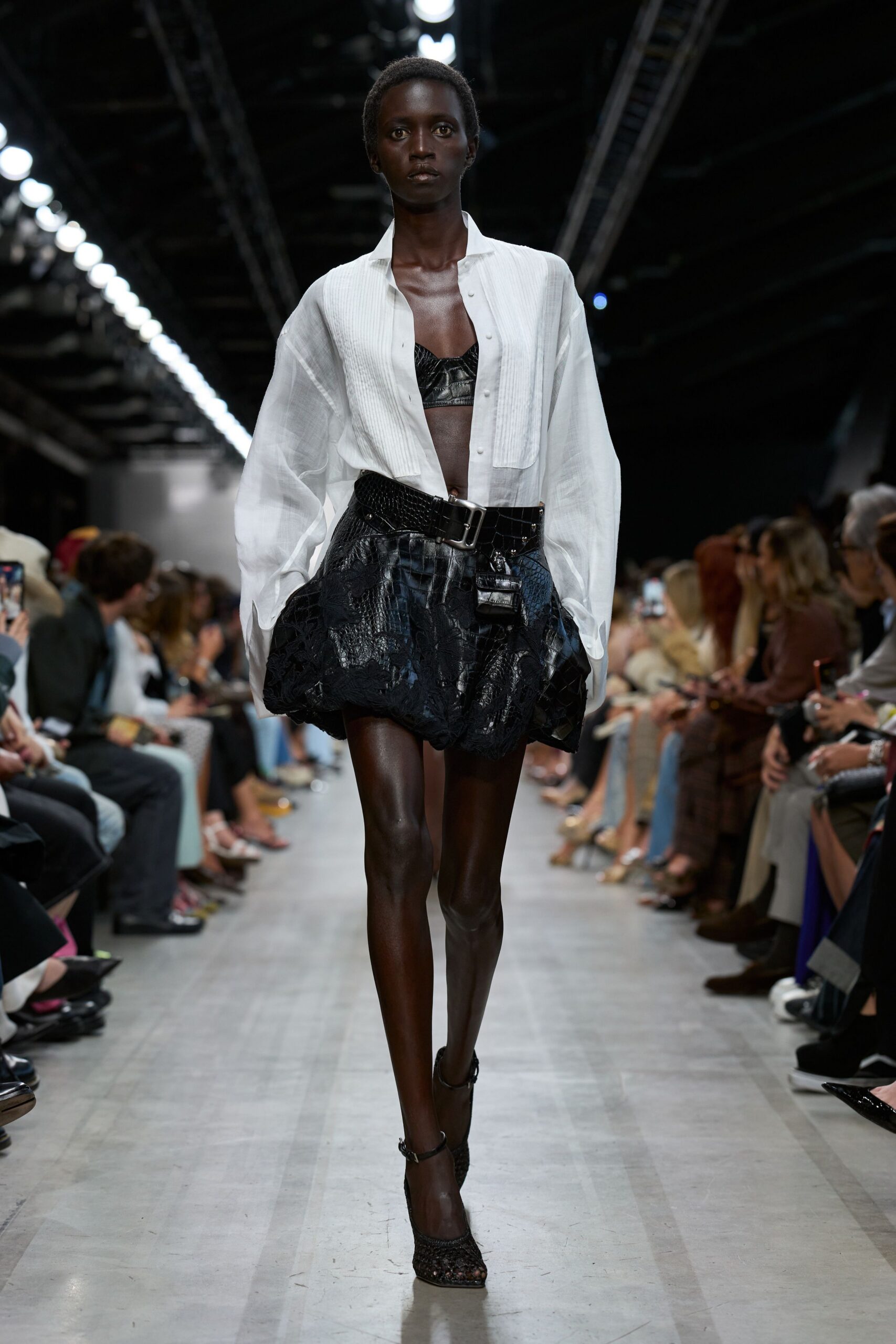 black croc-effect bubble mini skirt