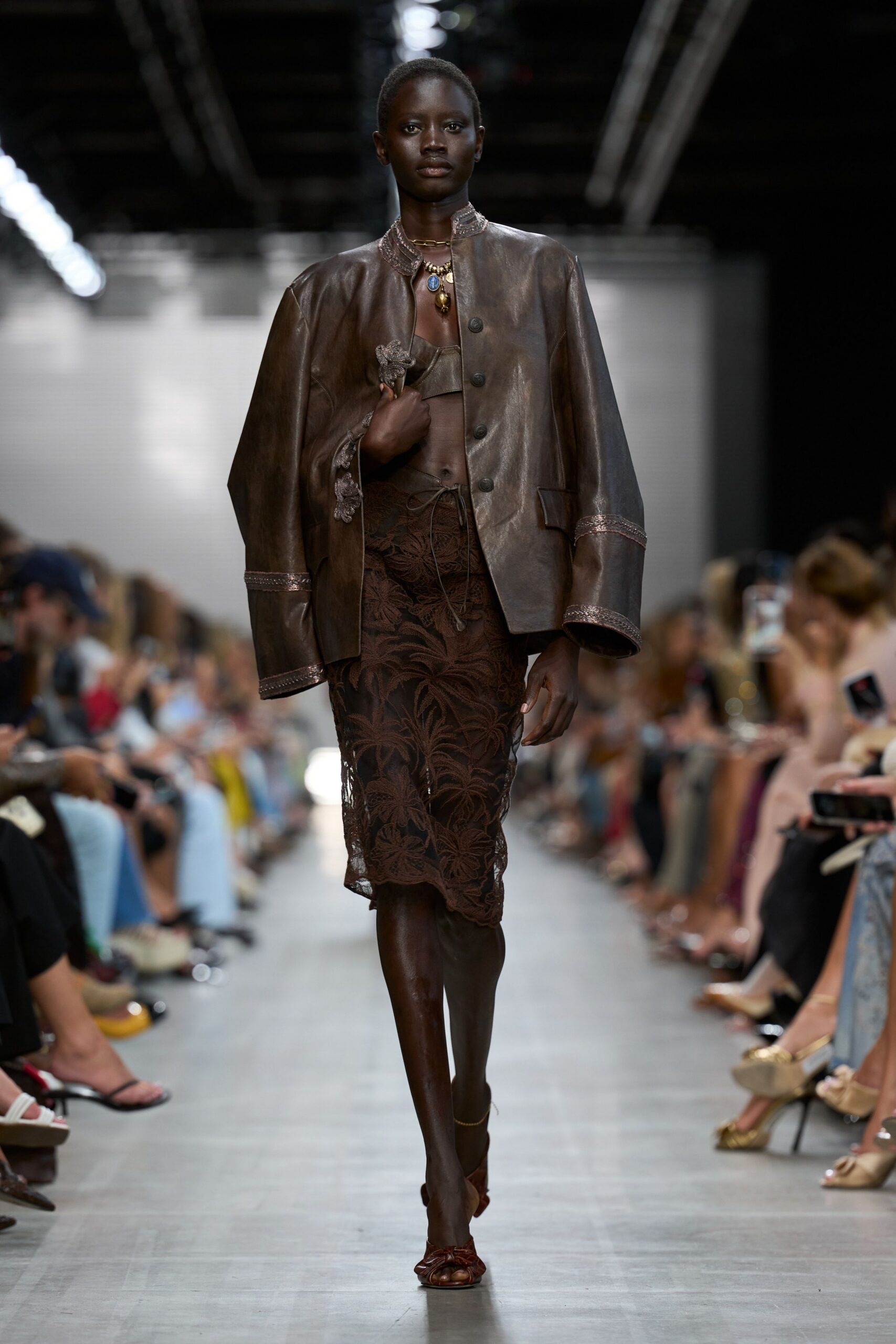 oversized brown leather collarless jacket