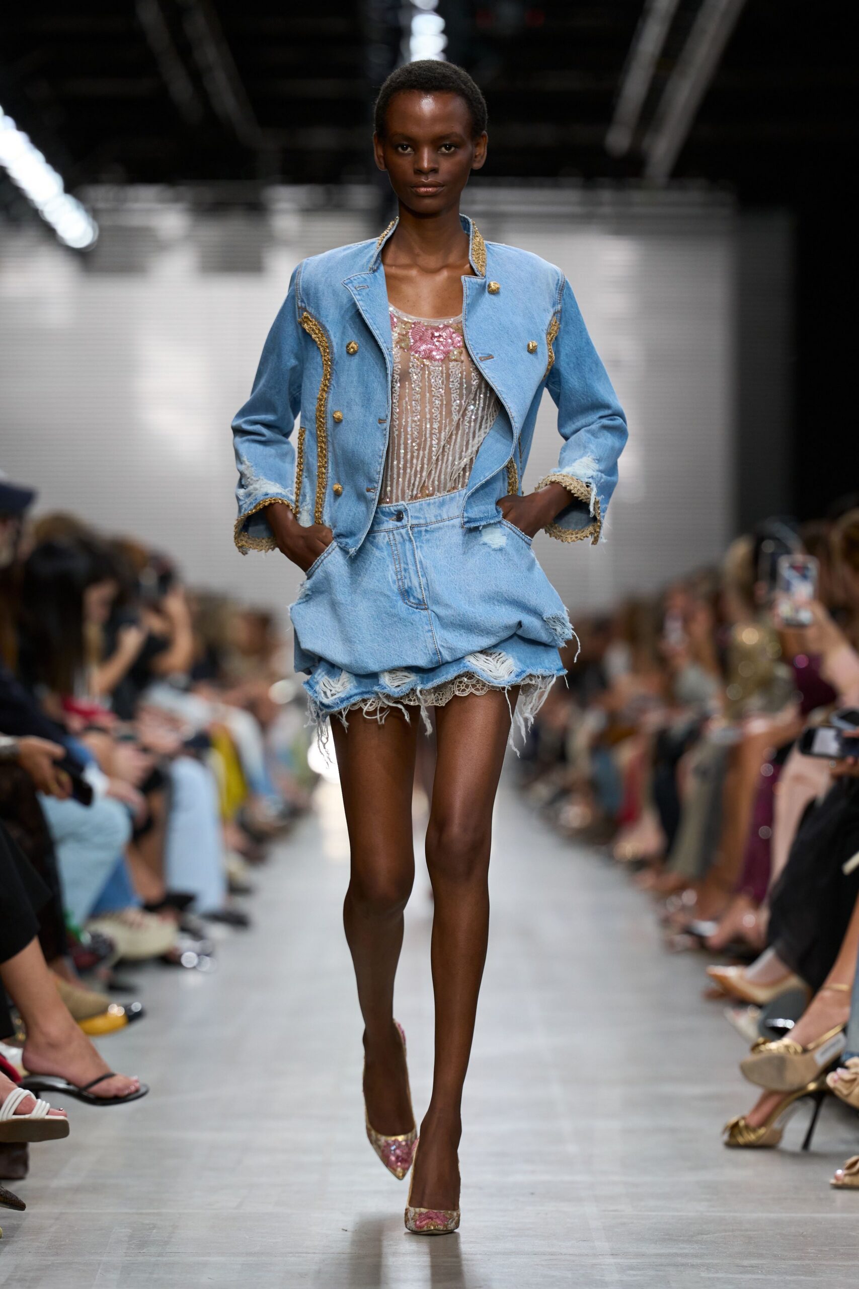 cropped embellished denim military jacket