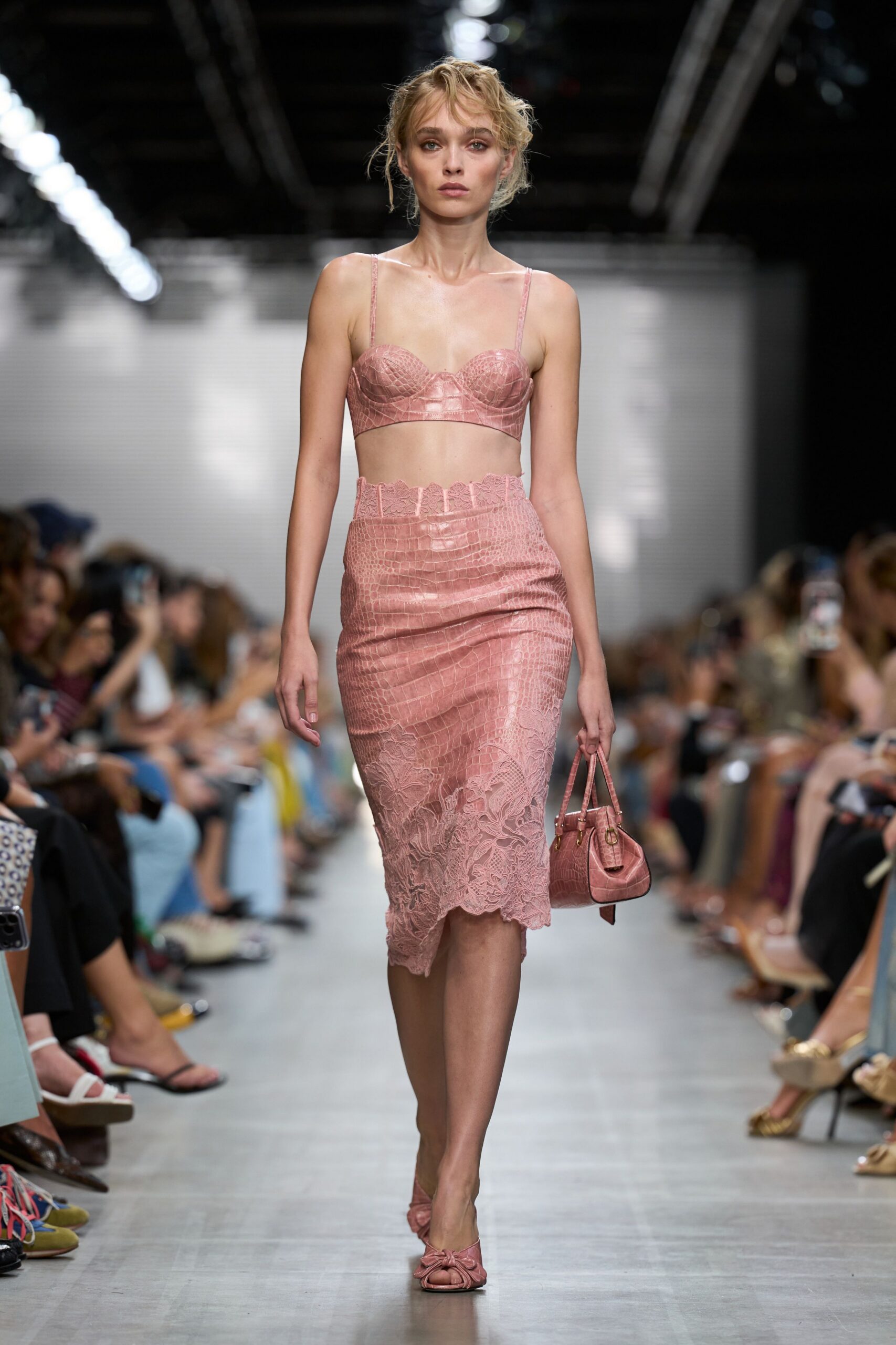 pink croc-effect bustier and pencil skirt
