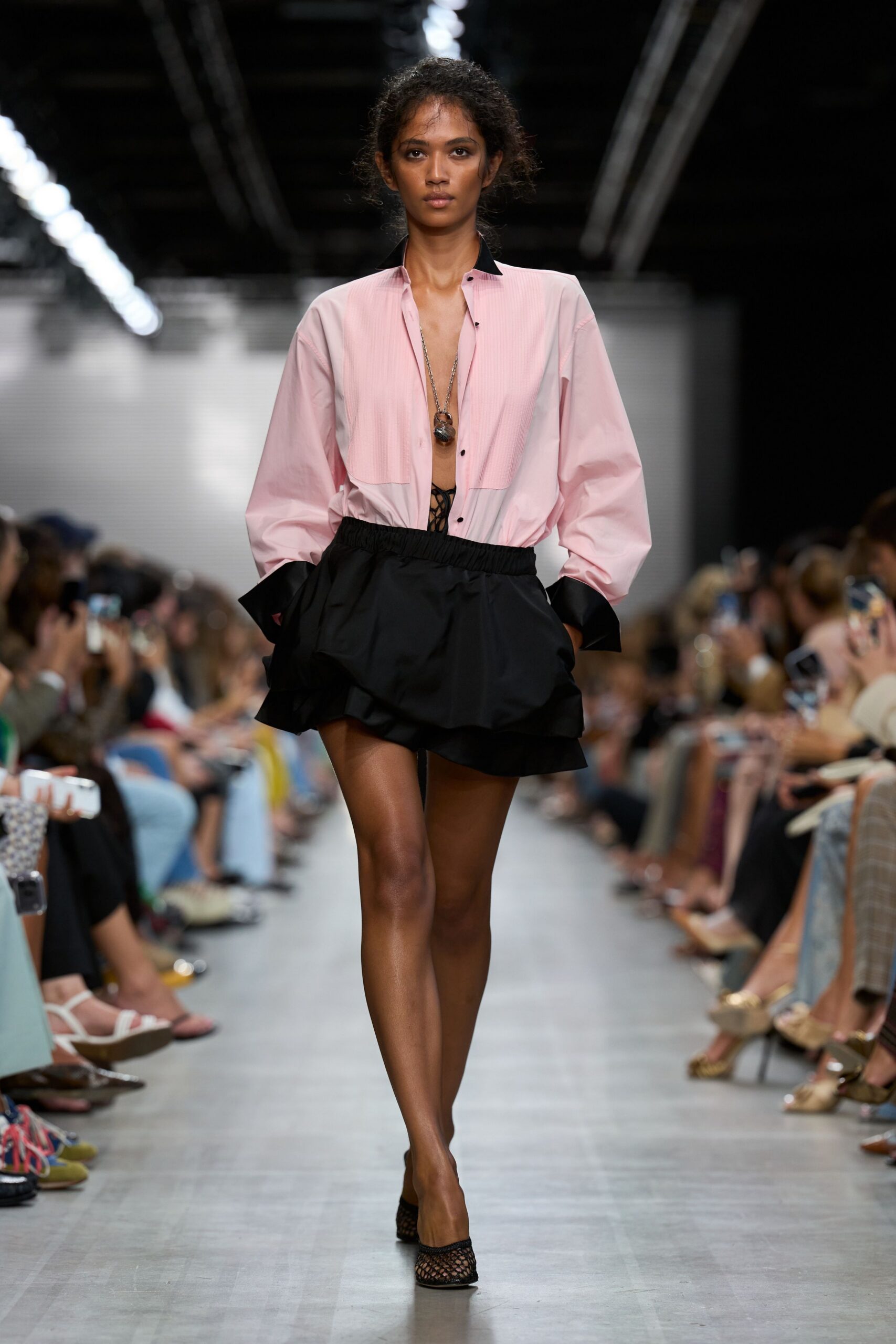 pink oversized shirt with black collar