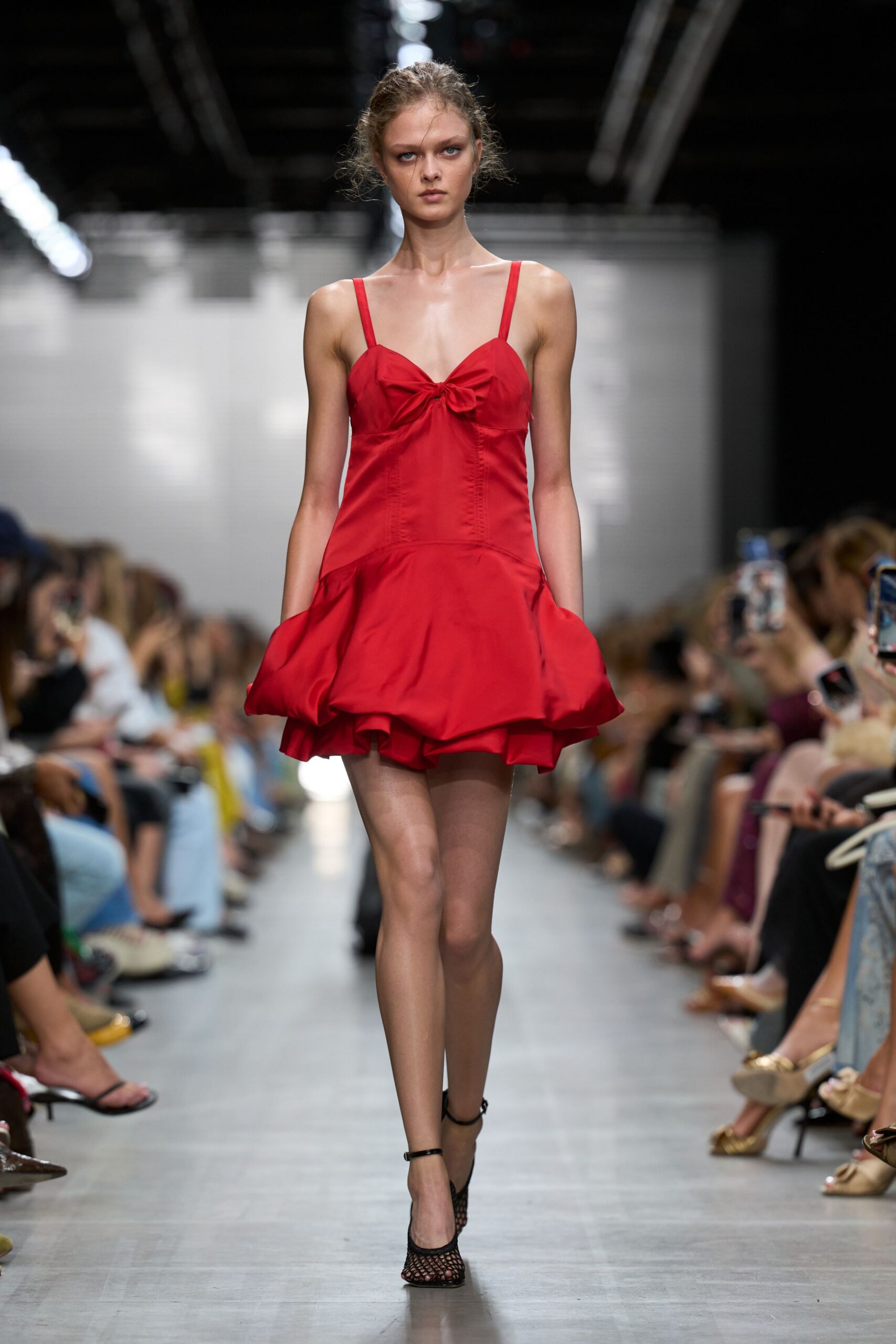 red bubble-hem mini dress