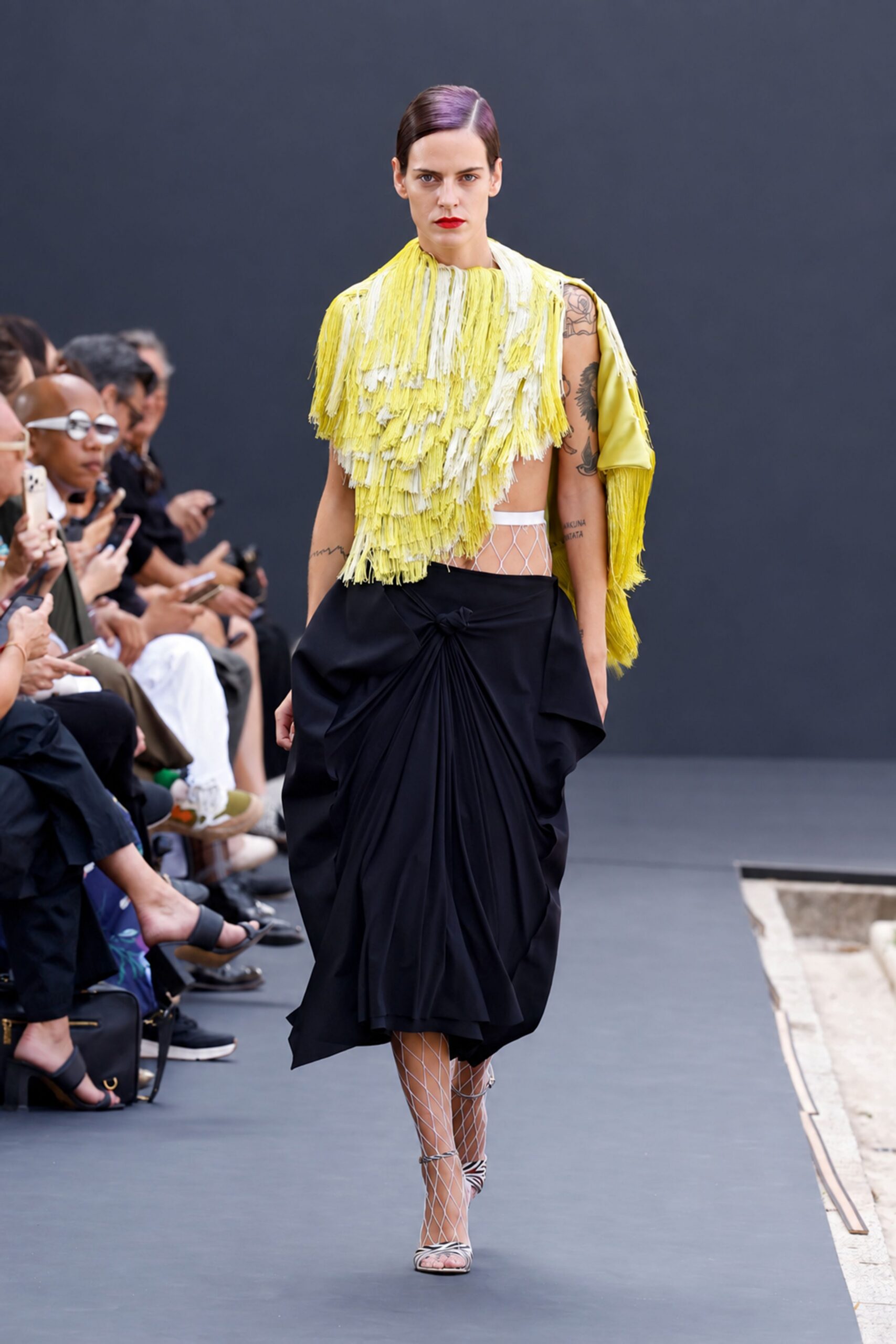 yellow fringed asymmetric cropped top
