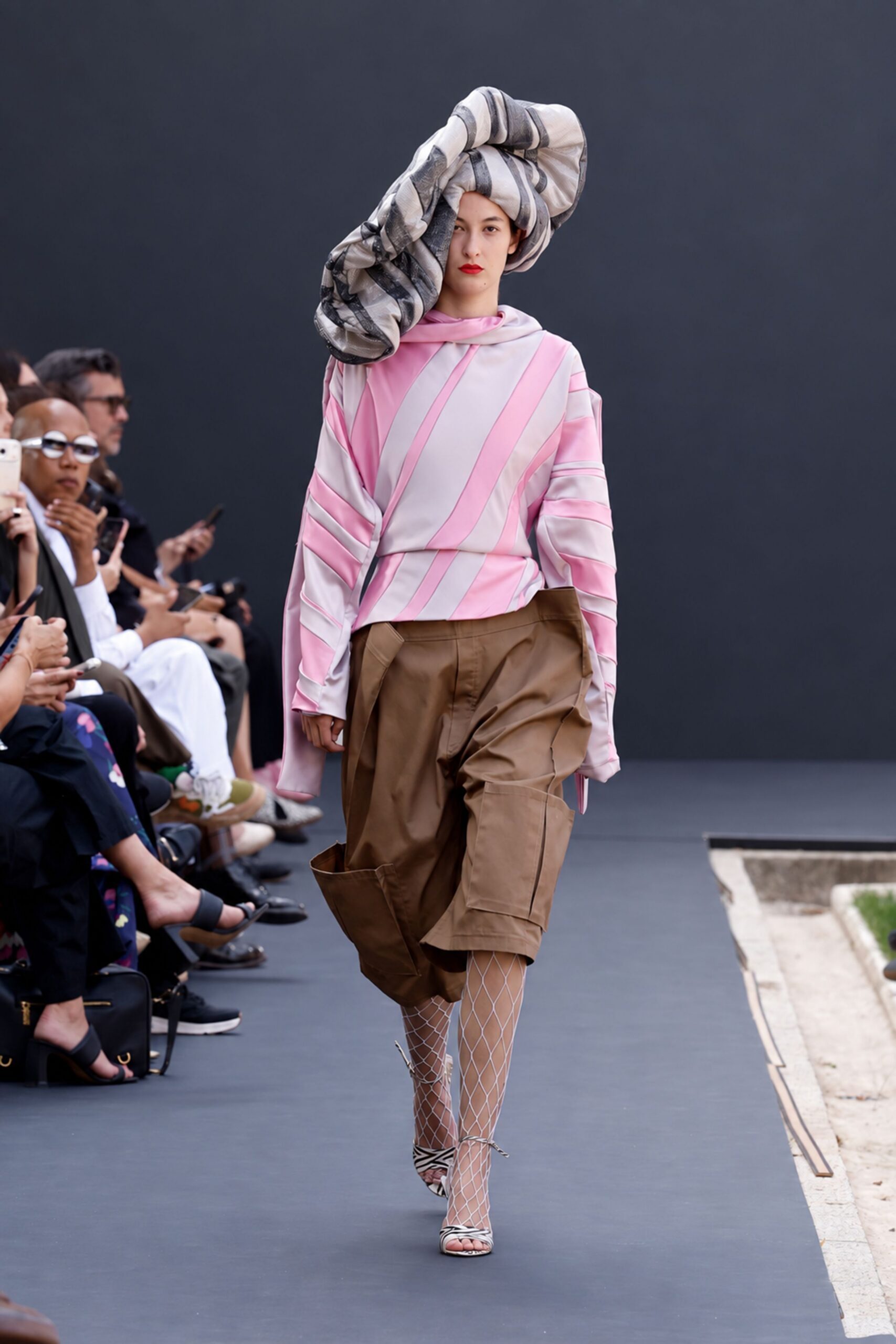 pink striped satin draped top