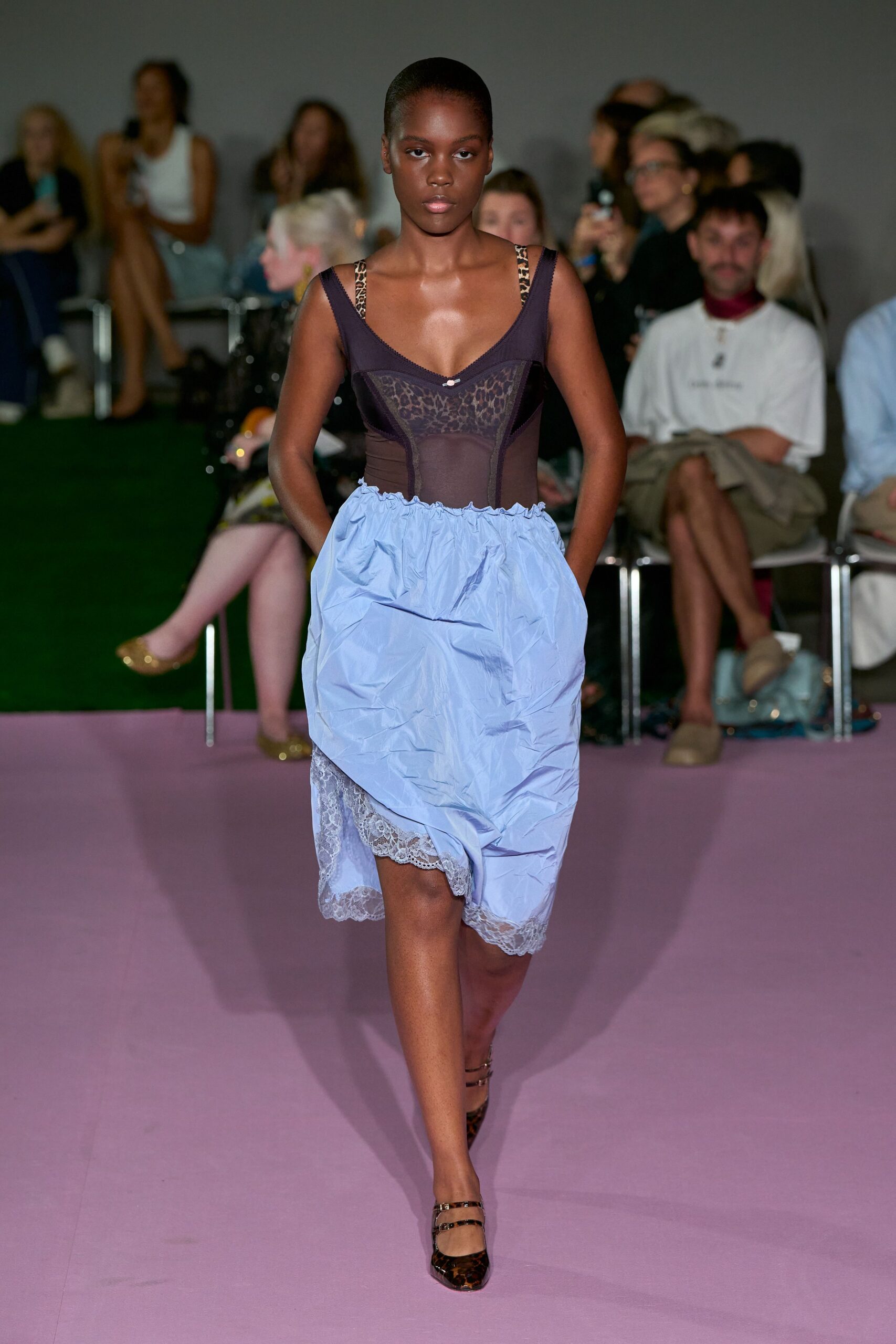 slip-inspired ruched lace-trim midi dress