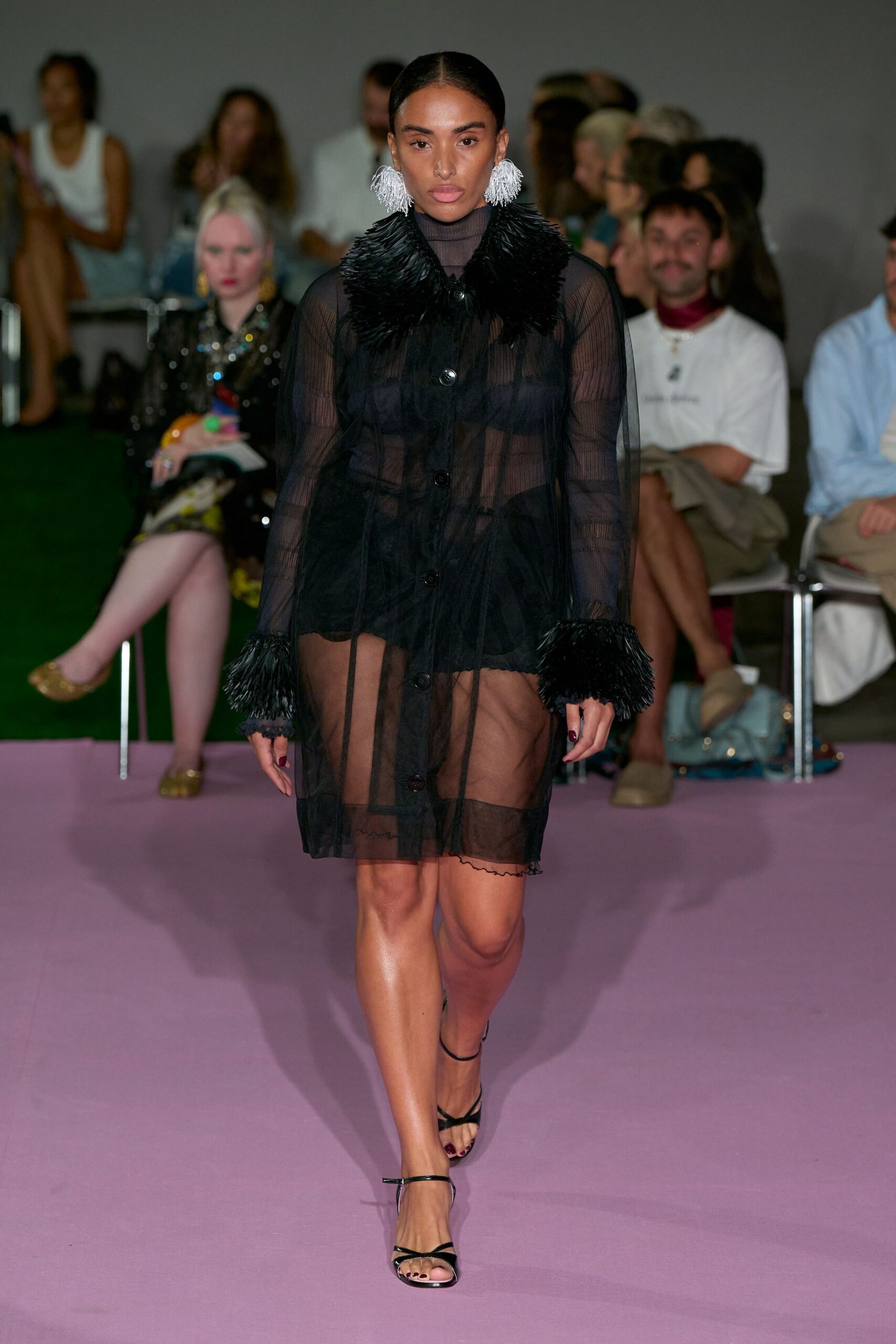 sheer feather-trim black organza dress