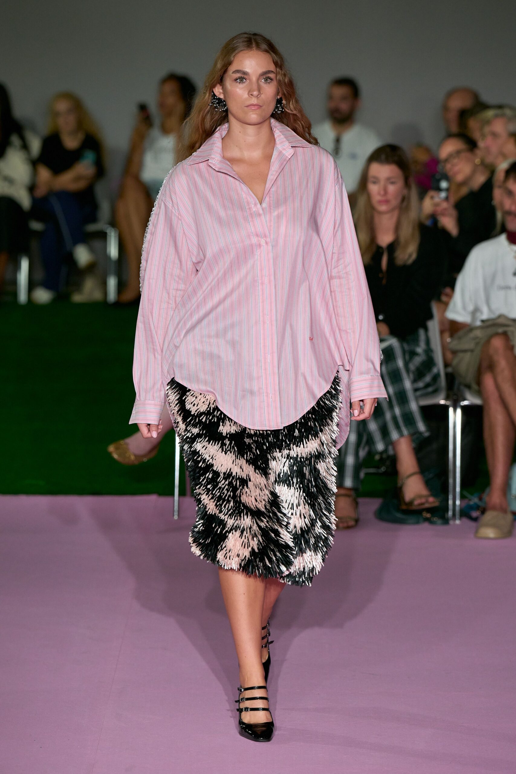 pink cotton collared long-sleeve oversized buttoned striped shirt