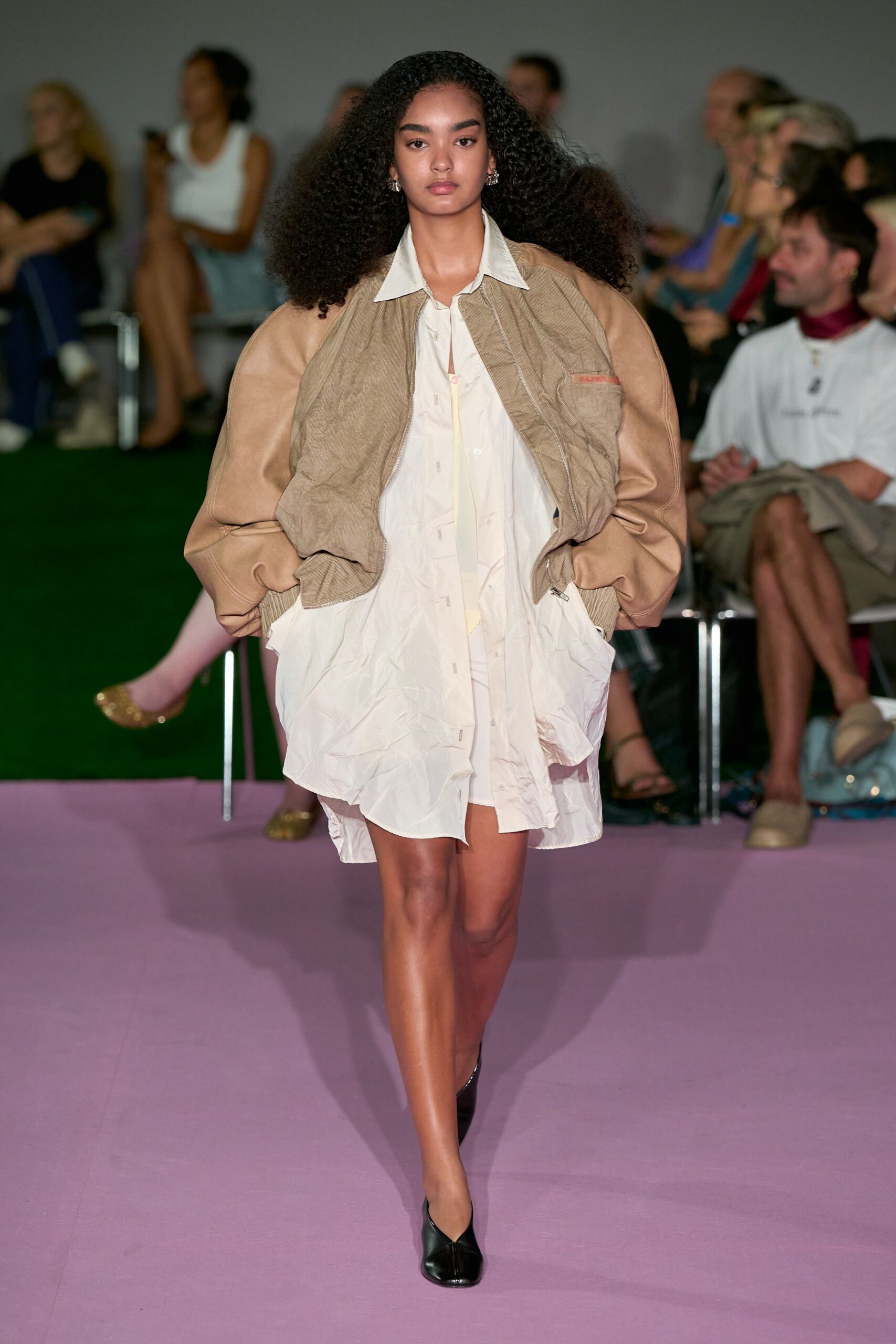 oversized bomber jacket over shirt dress