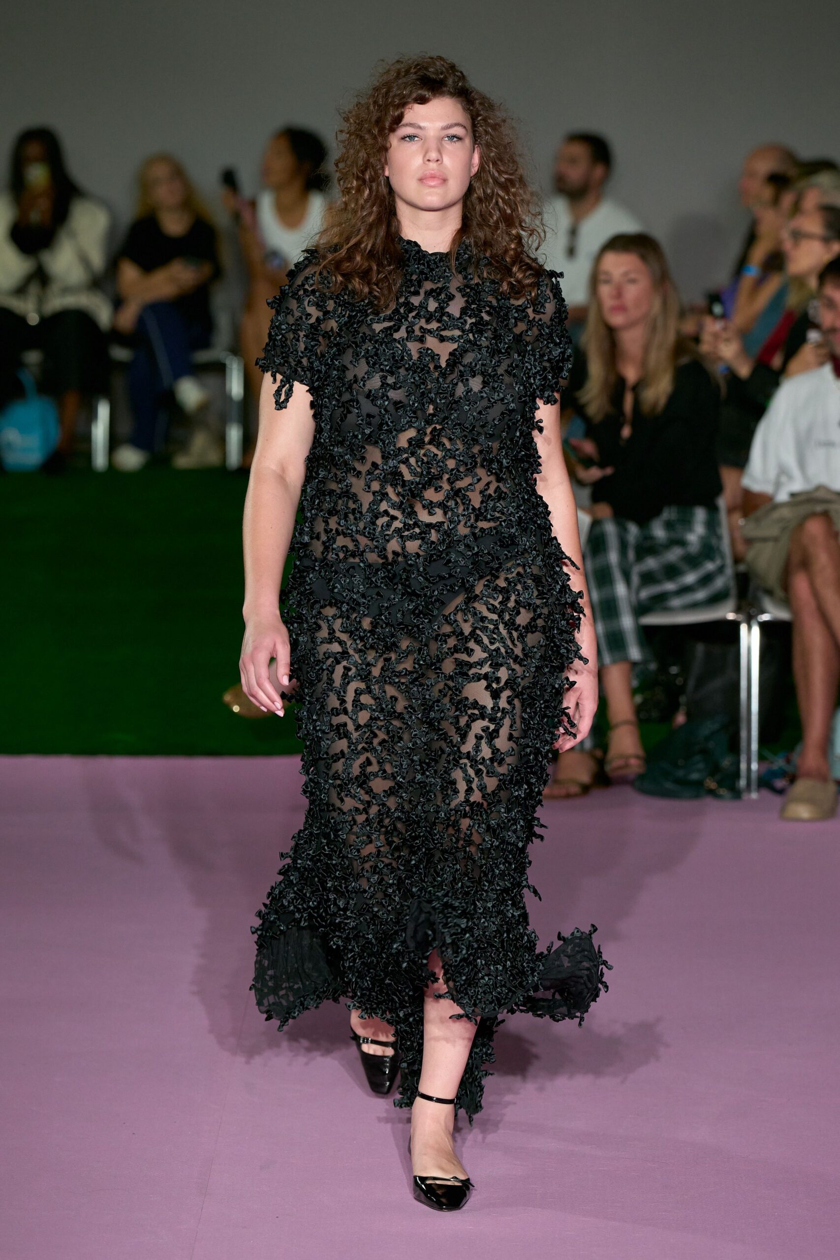 sheer black floral appliqué evening dress