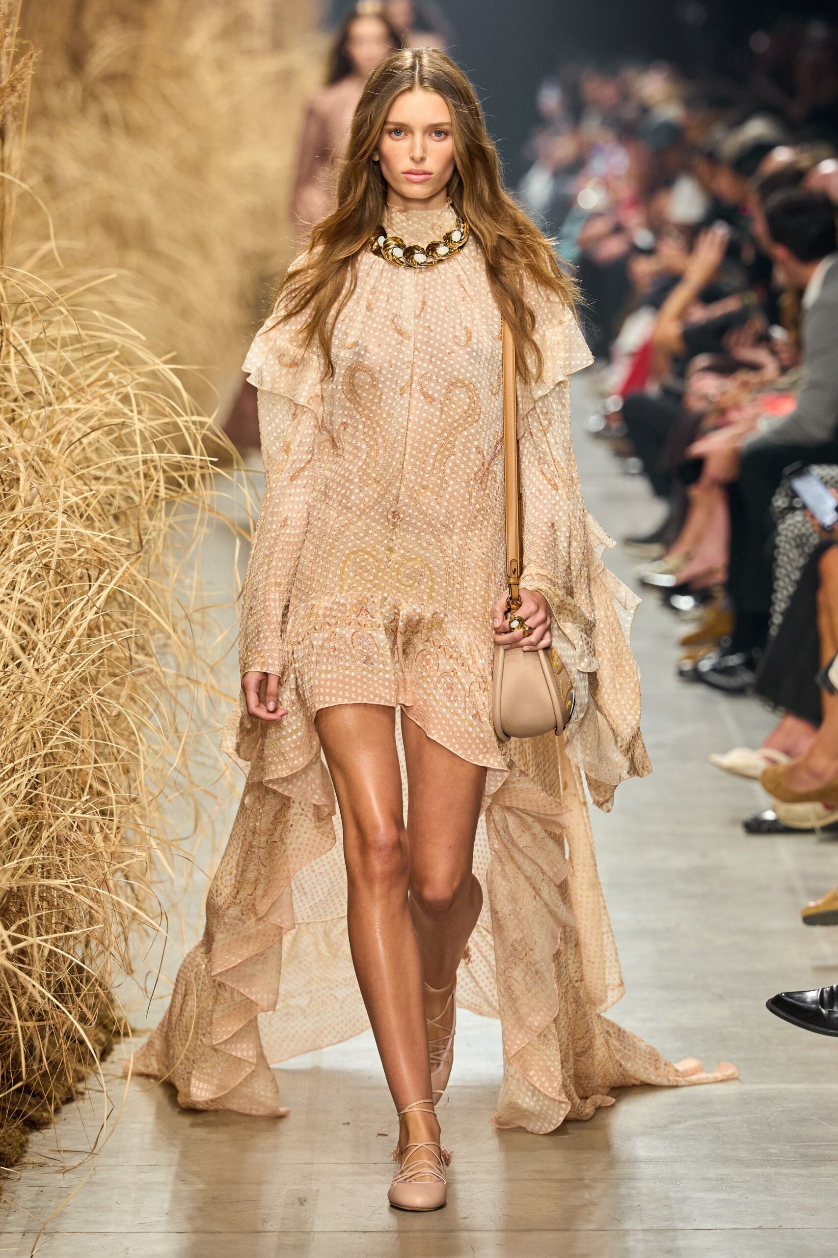 Blush chiffon dress with gold dotted fil coupe and paisley beading. Oversized tortoiseshell chain circling the high ruffled neck. Small sand leather bucket bag on a narrow shoulder strap. Nude lace-up flats with pompom tassels at the toes. Walking through dry grass after a wedding that ran past sunset.