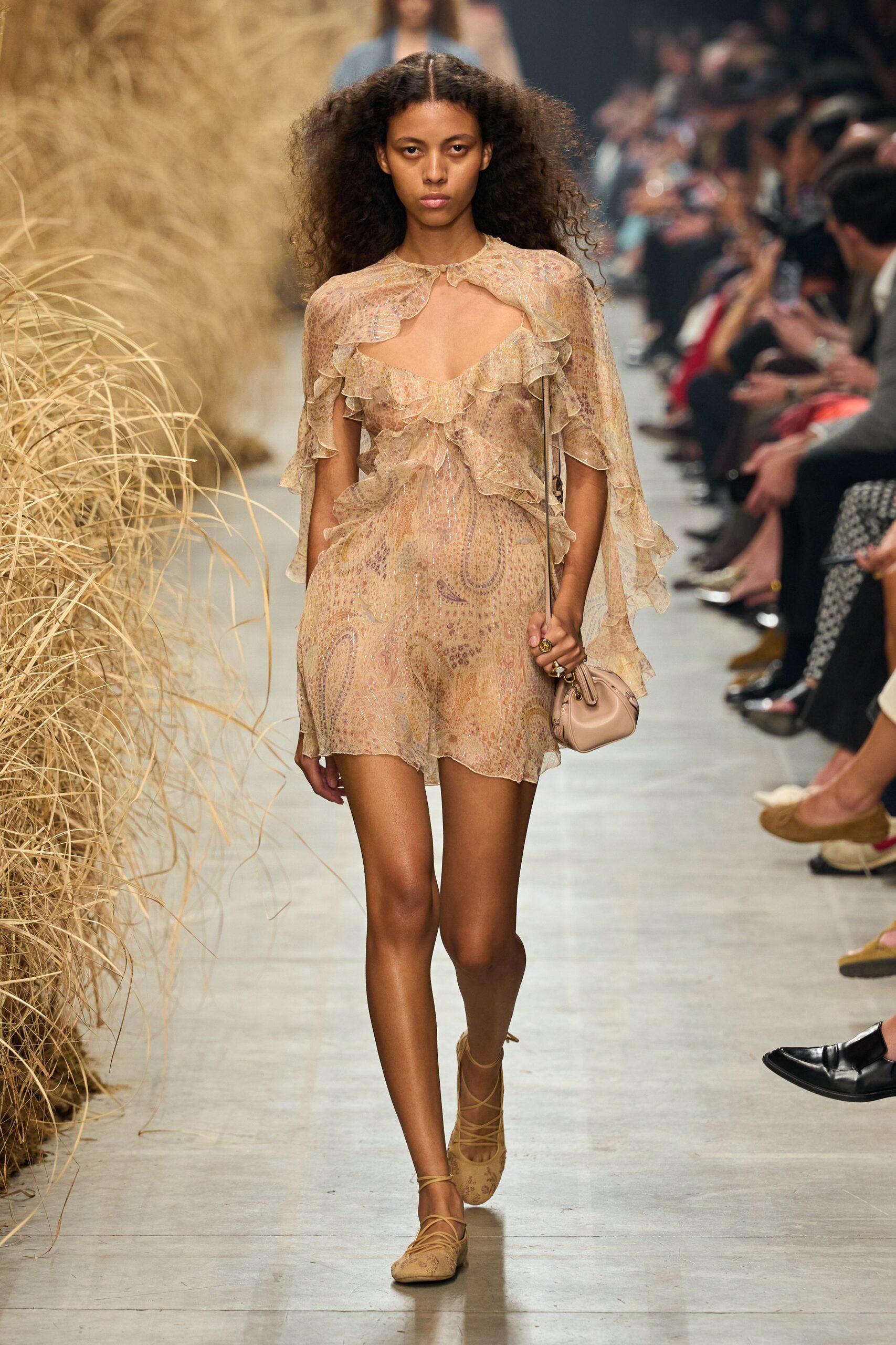 Sheer beige chiffon capelet with scalloped ruffle edges and a tiny neck tie. Paisley chiffon minidress, ruched under the bust with fluttering layered frills. Blush leather mini pouch on a thin shoulder strap. Tan lace-up flats in printed mesh. Walking back from a hotel garden wedding with grass seeds on your hem.