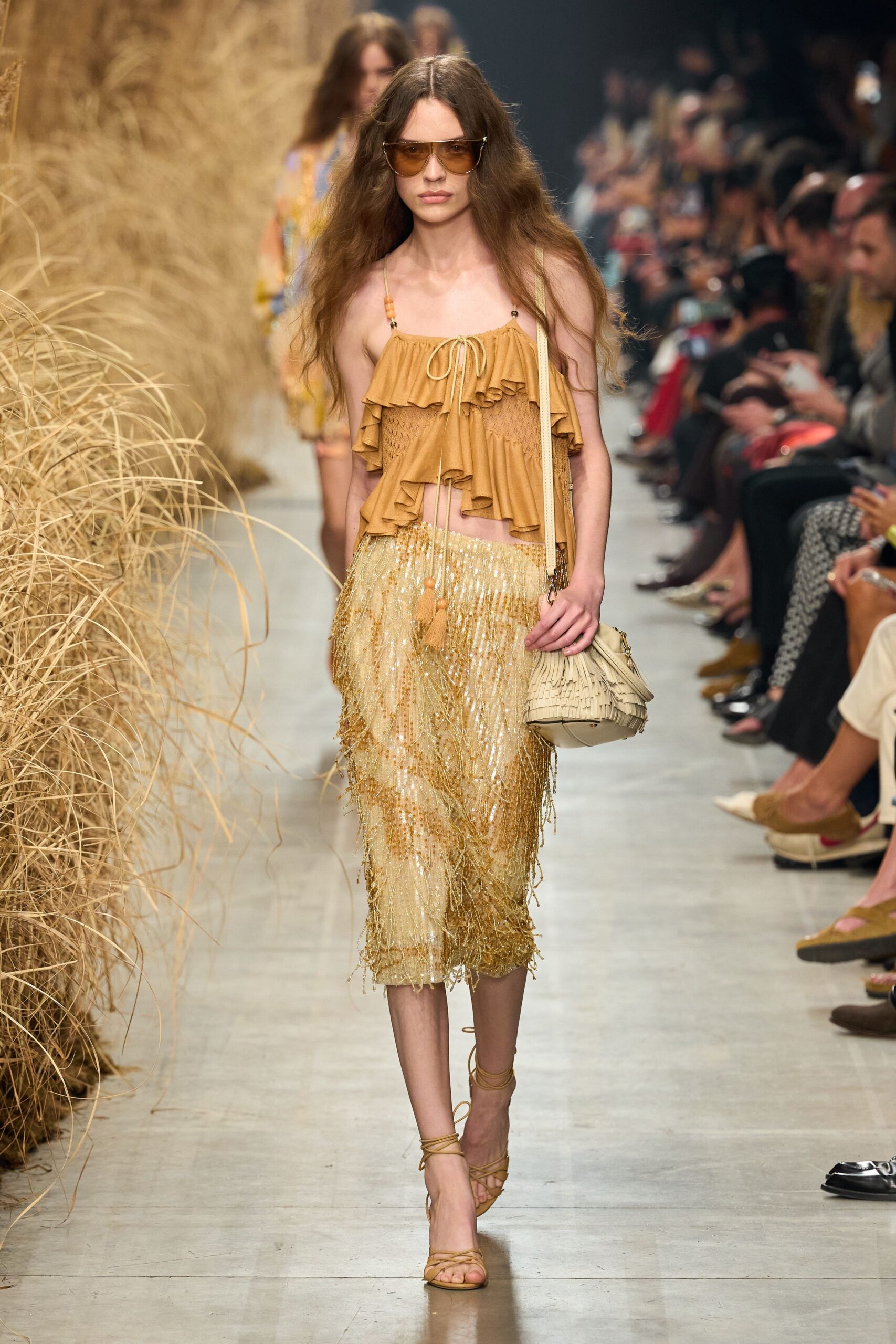 beaded fringe midi skirt