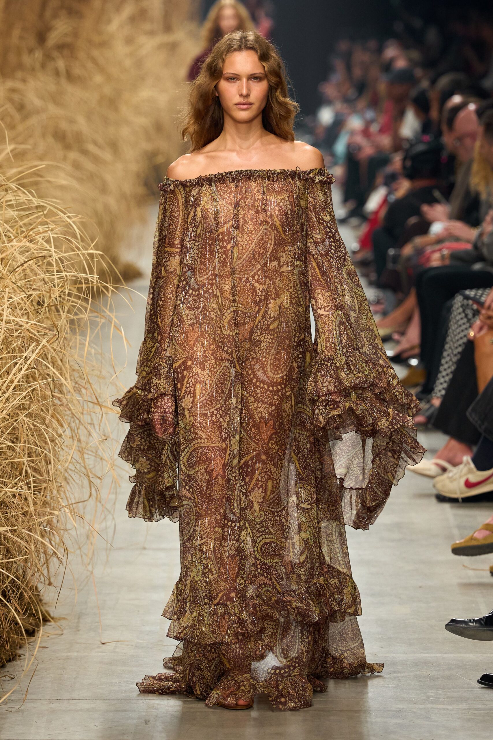 Sheer cocoa paisley chiffon dress, off the shoulder with tiered ruffle cuffs and hem. Flat brown sandals barely visible under the dragging chiffon. Walking back from the dunes with burrs caught somewhere in the ruffles.
