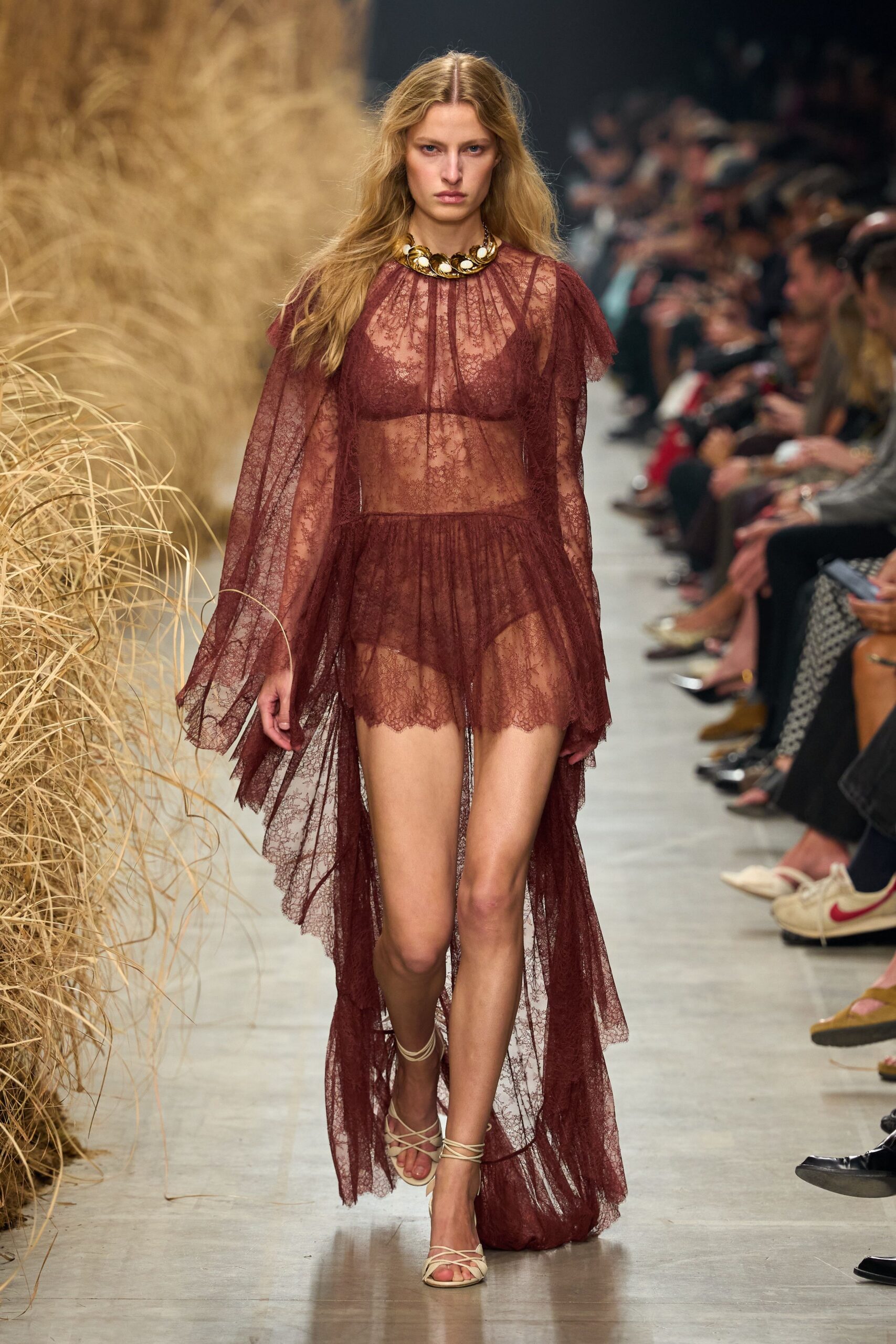 sheer lace high-low evening dress
