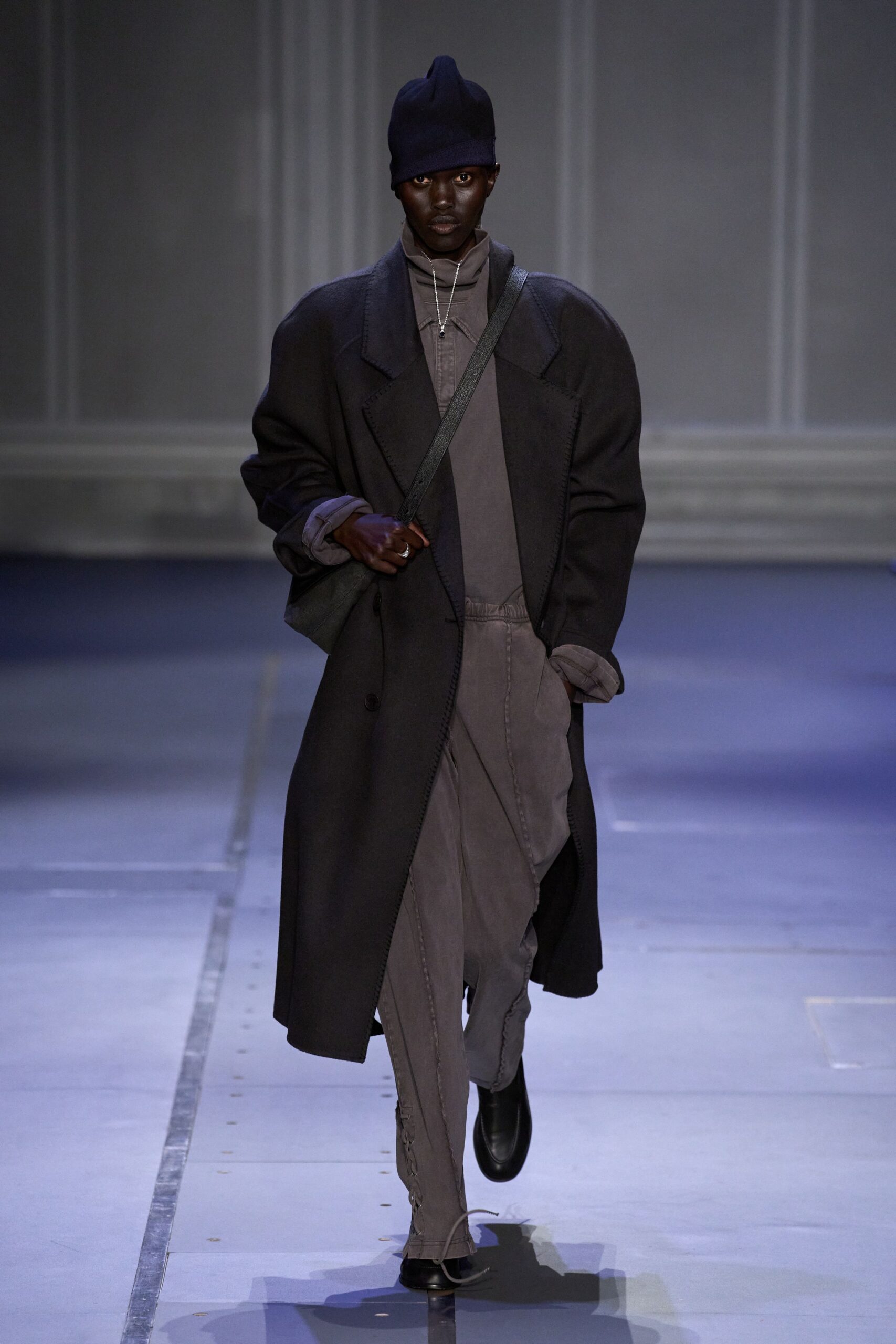 black wool long-sleeve collared oversized maxi coat