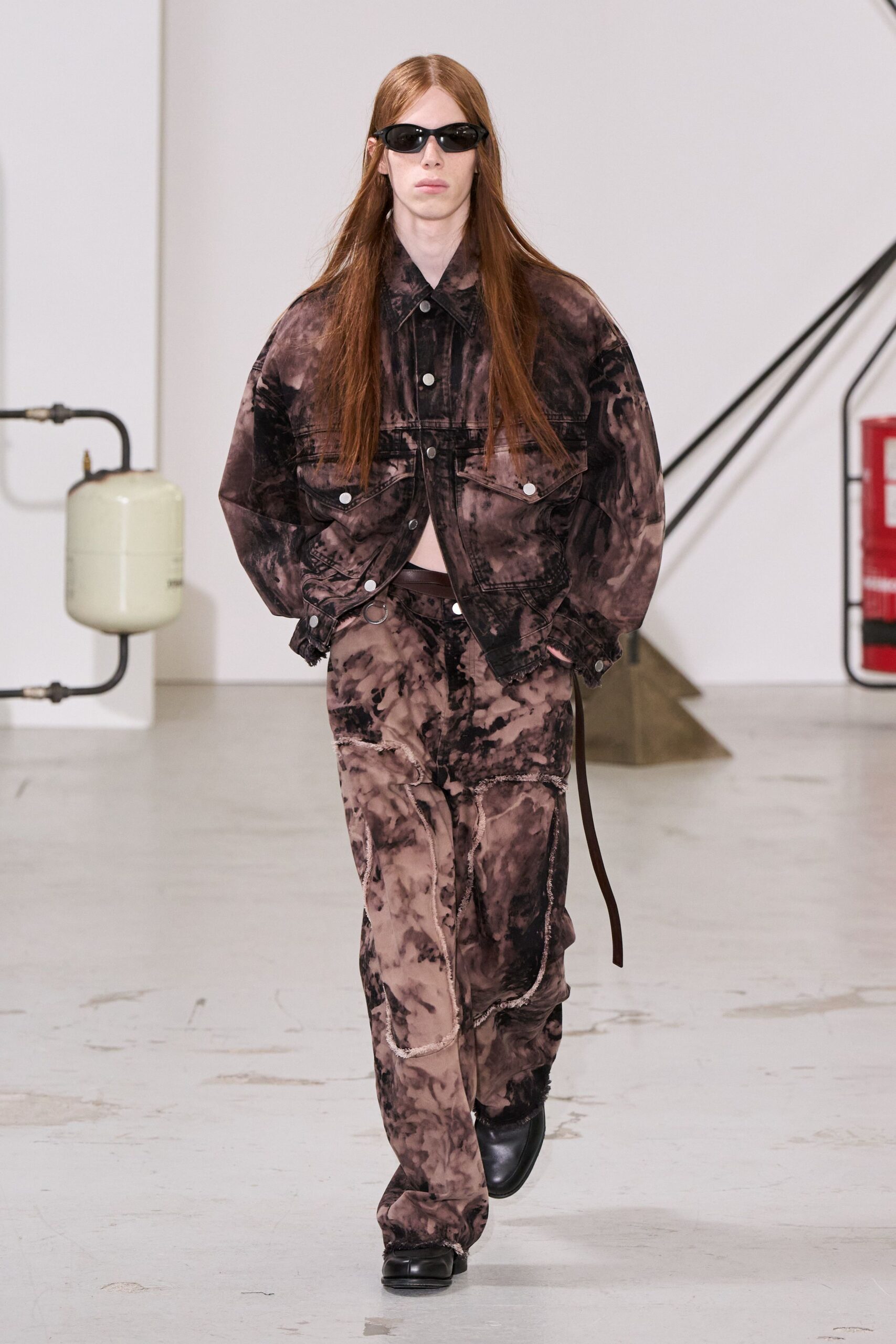 brown denim long-sleeve collared oversized printed buttoned jacket