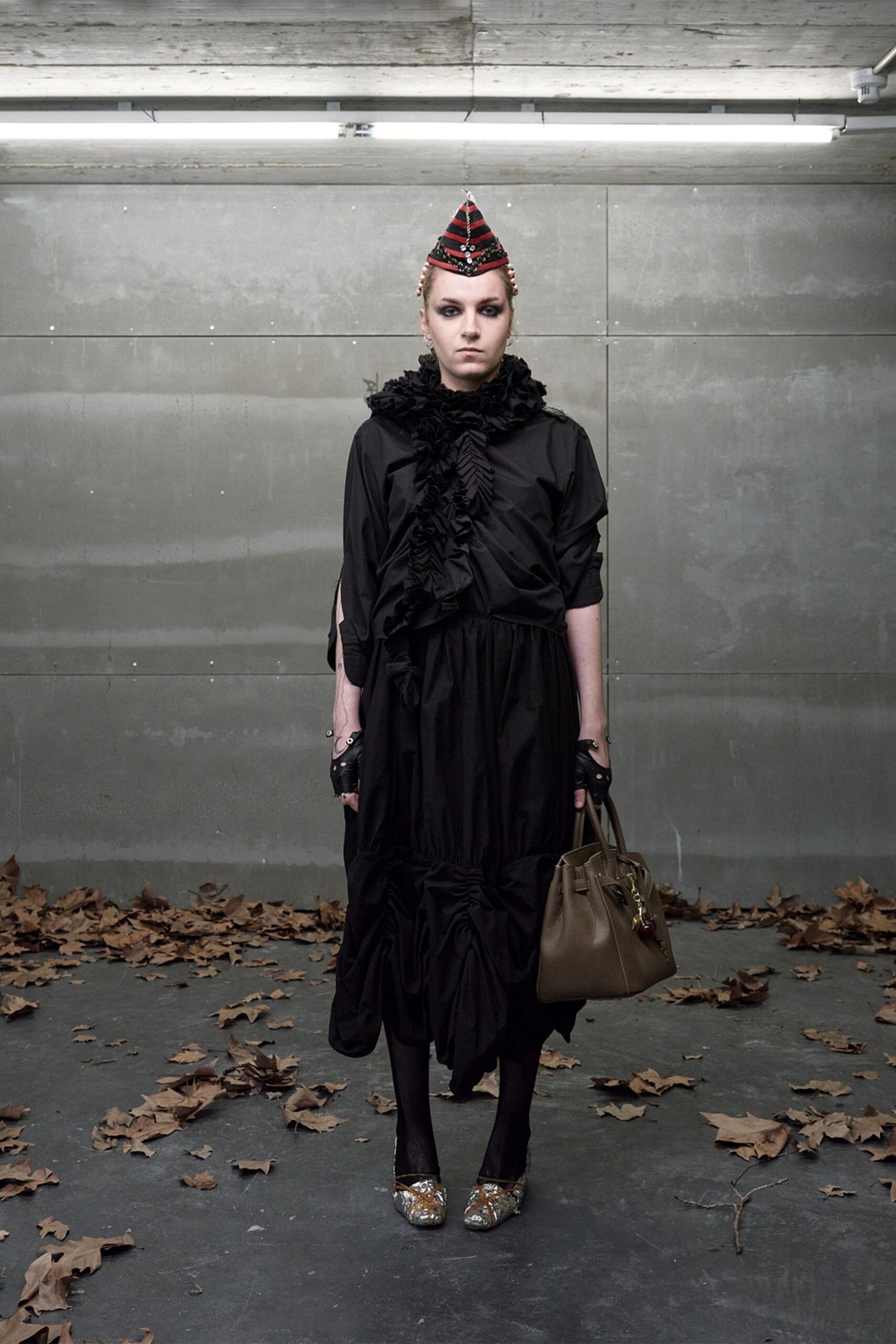 black ruffled high-neck dress
