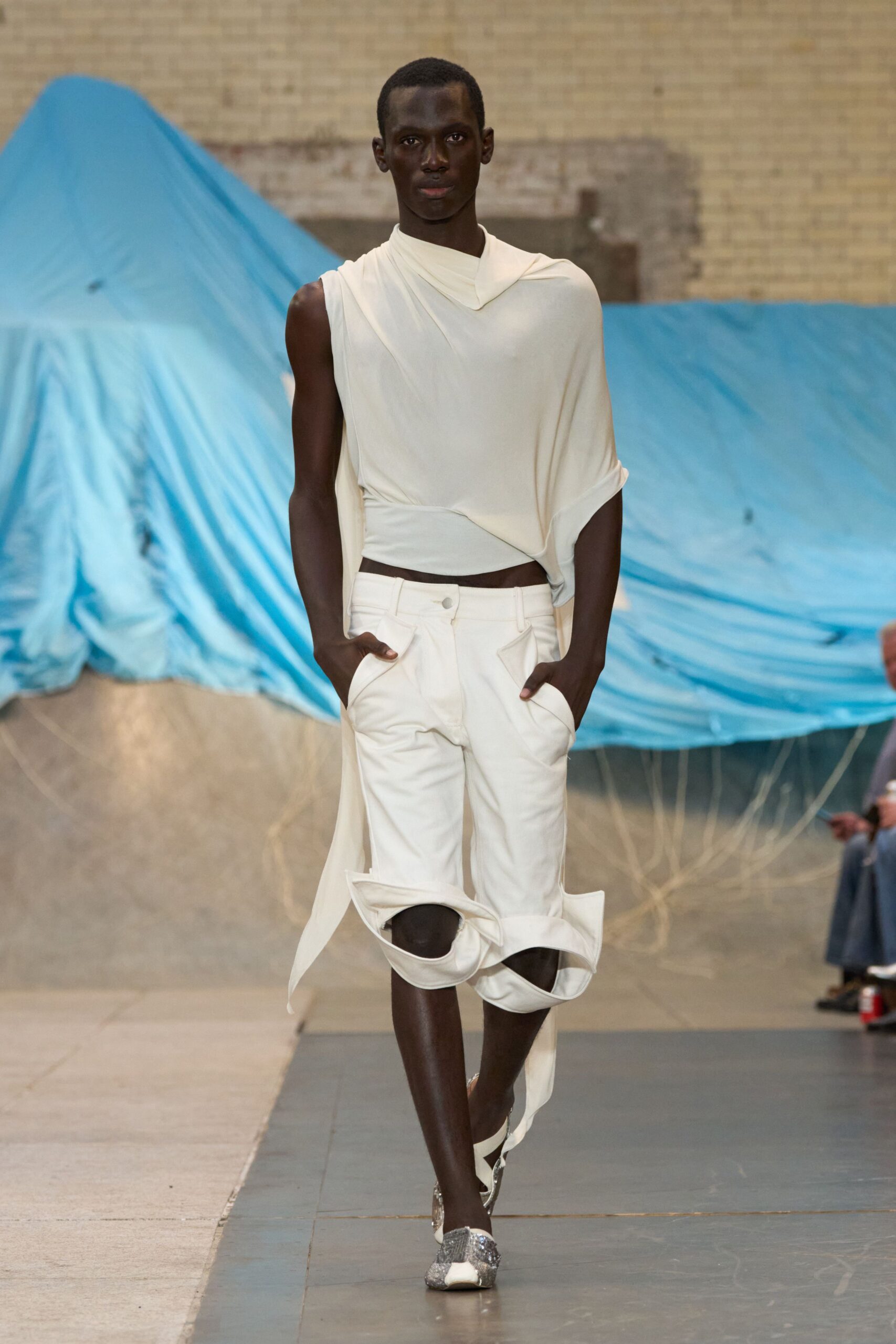 ivory jersey sleeveless high-neck relaxed draped flowing top