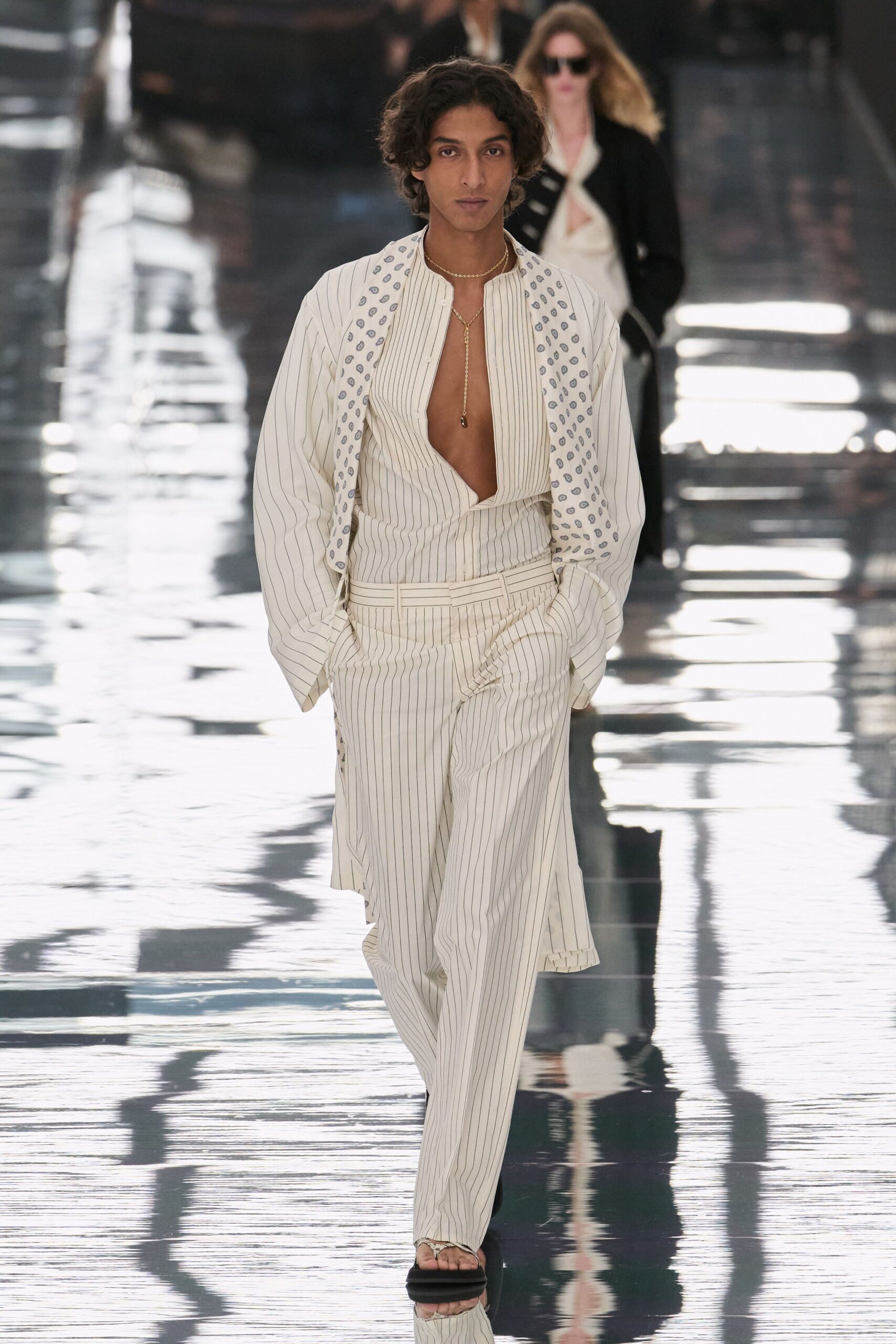 ivory pinstriped deep-placket shirt