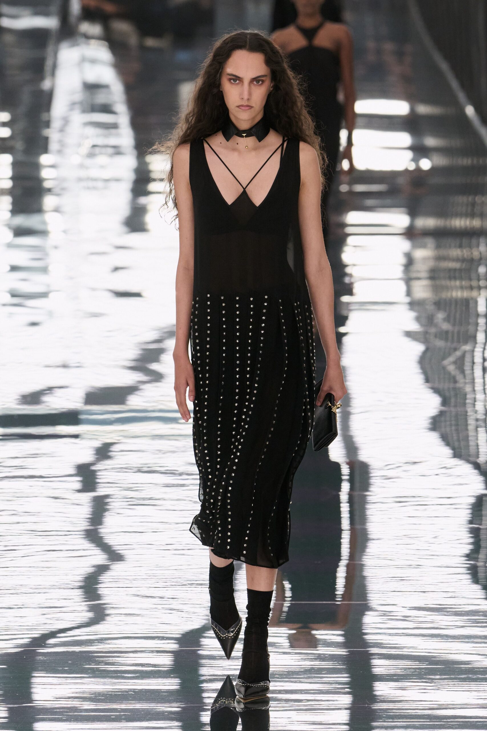 studded sheer black slip midi dress