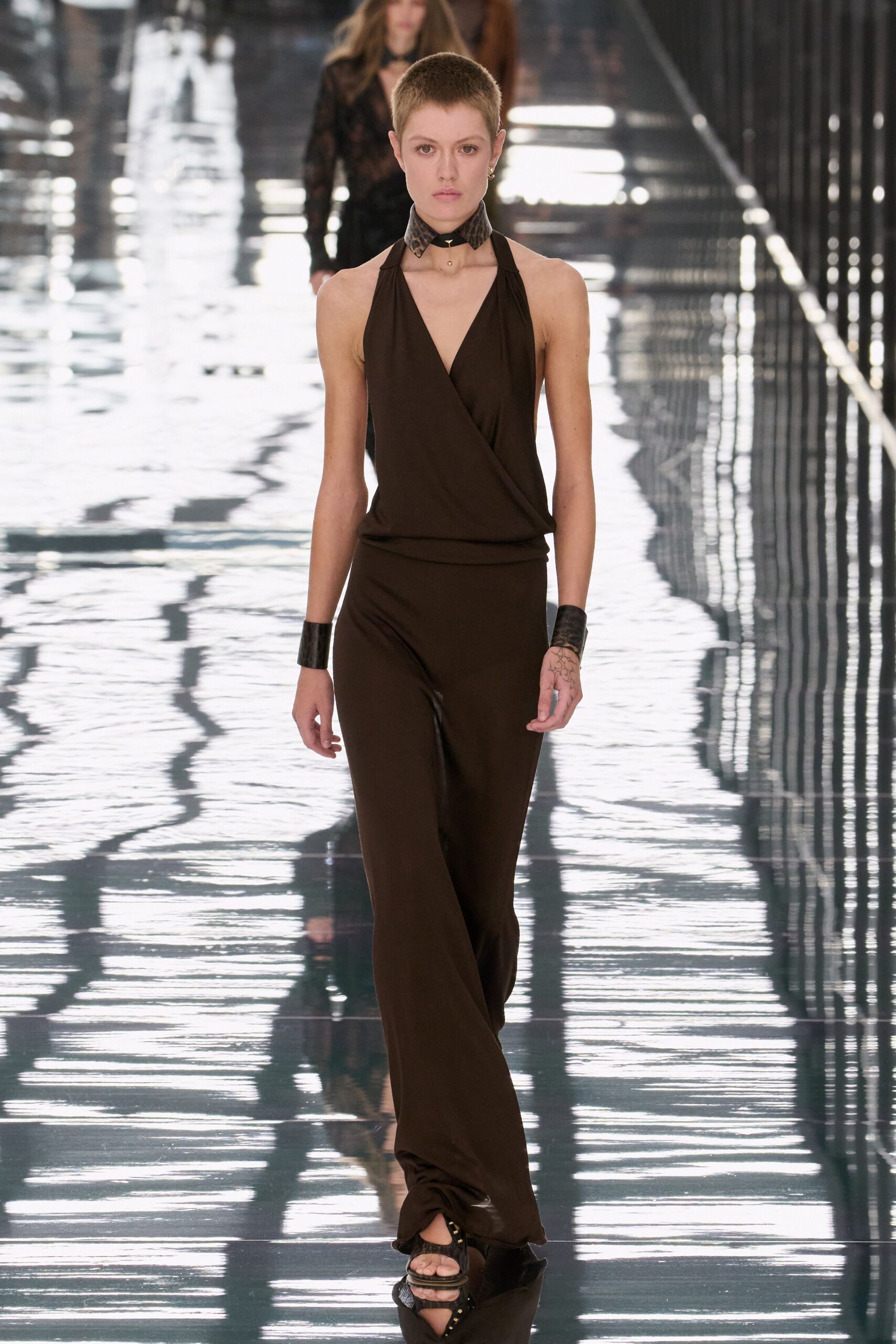 brown halter draped jumpsuit