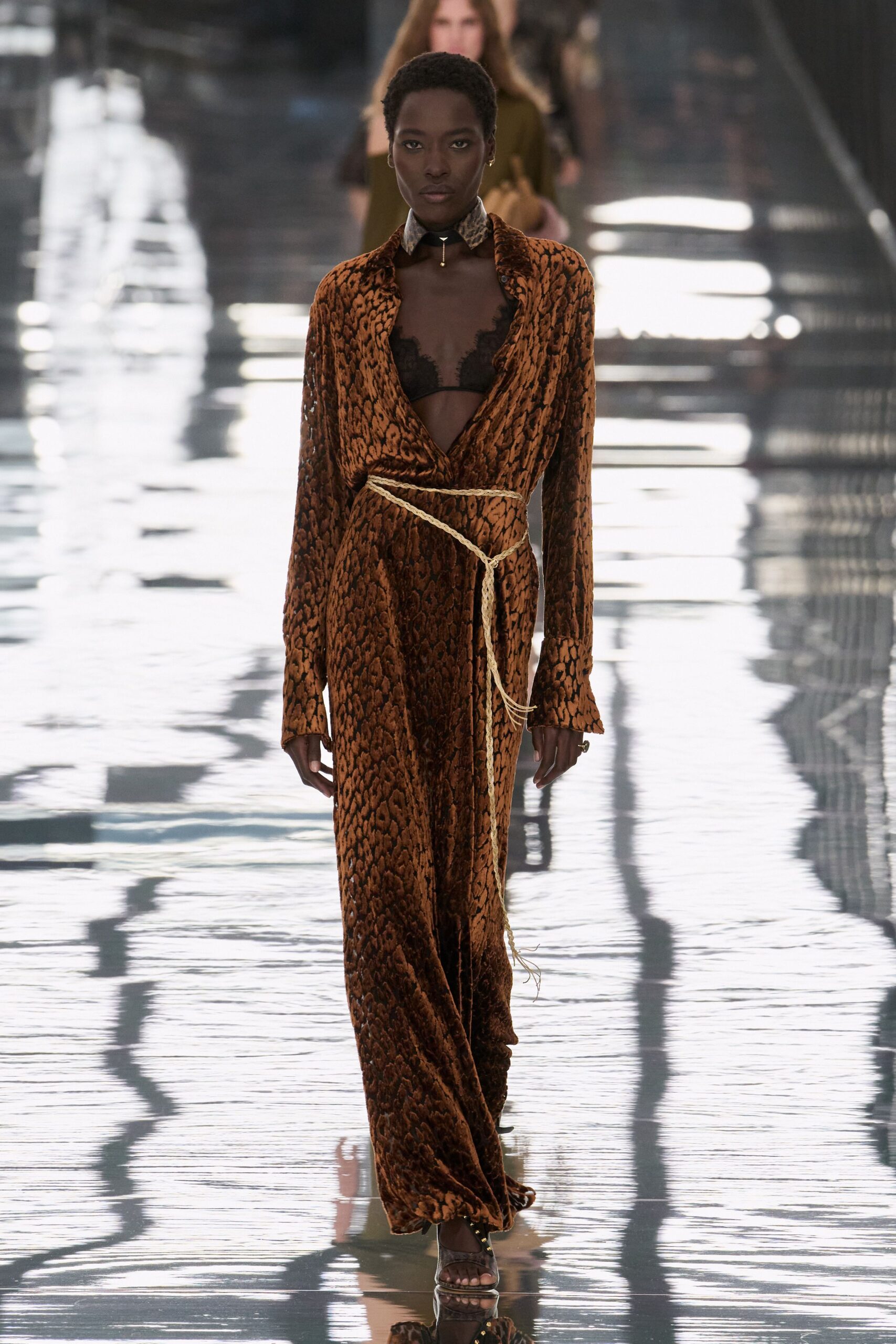 snake-print velvet belted maxi dress
