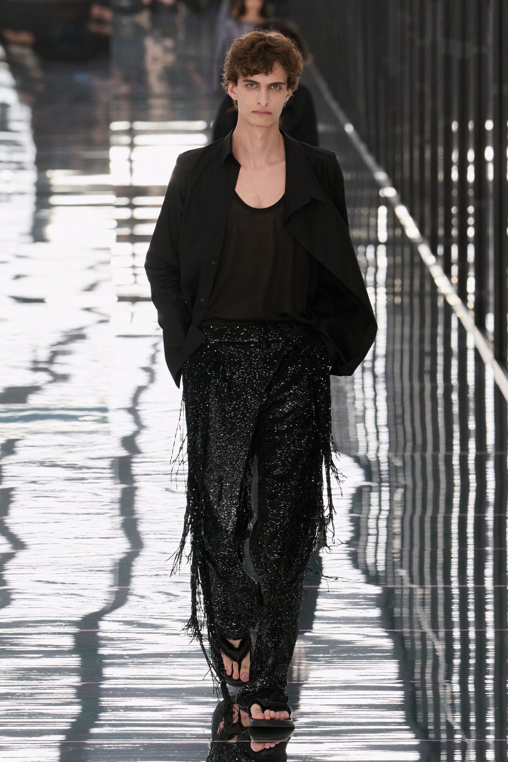 black sequined fringe trousers